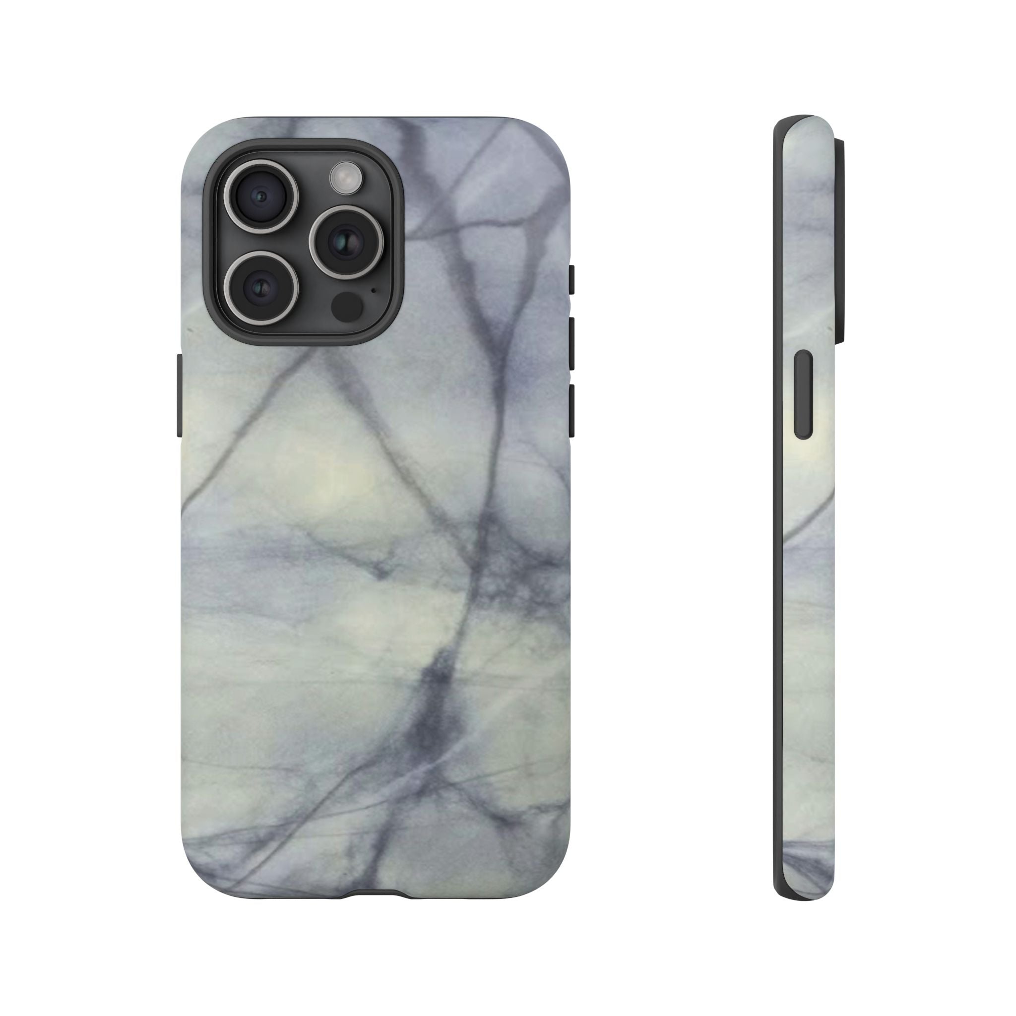 Phone case in impressive grey marble design with shock absorbing dual layer shell and UV resistance in 3D wrap