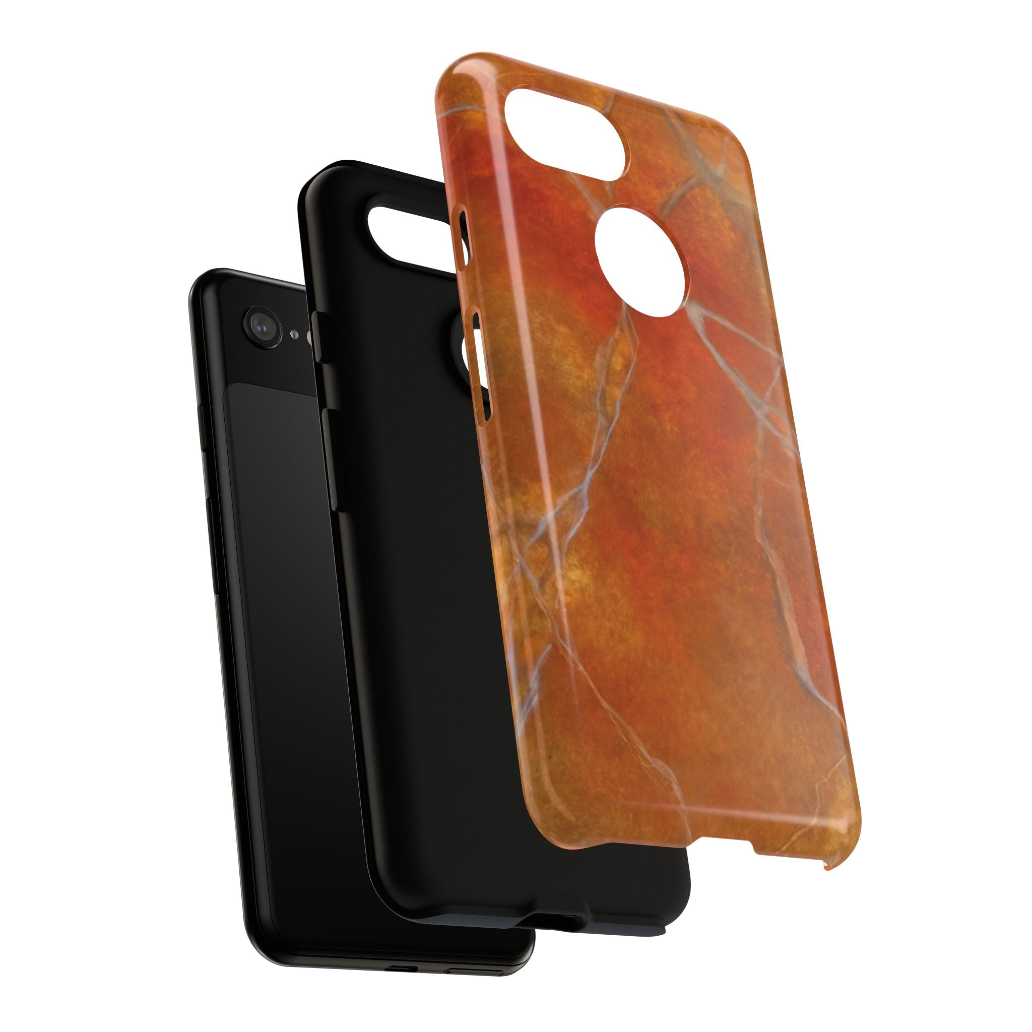 Phone case in sophisticated red orange marble design that is impact resistant tough in glossy or matte finish