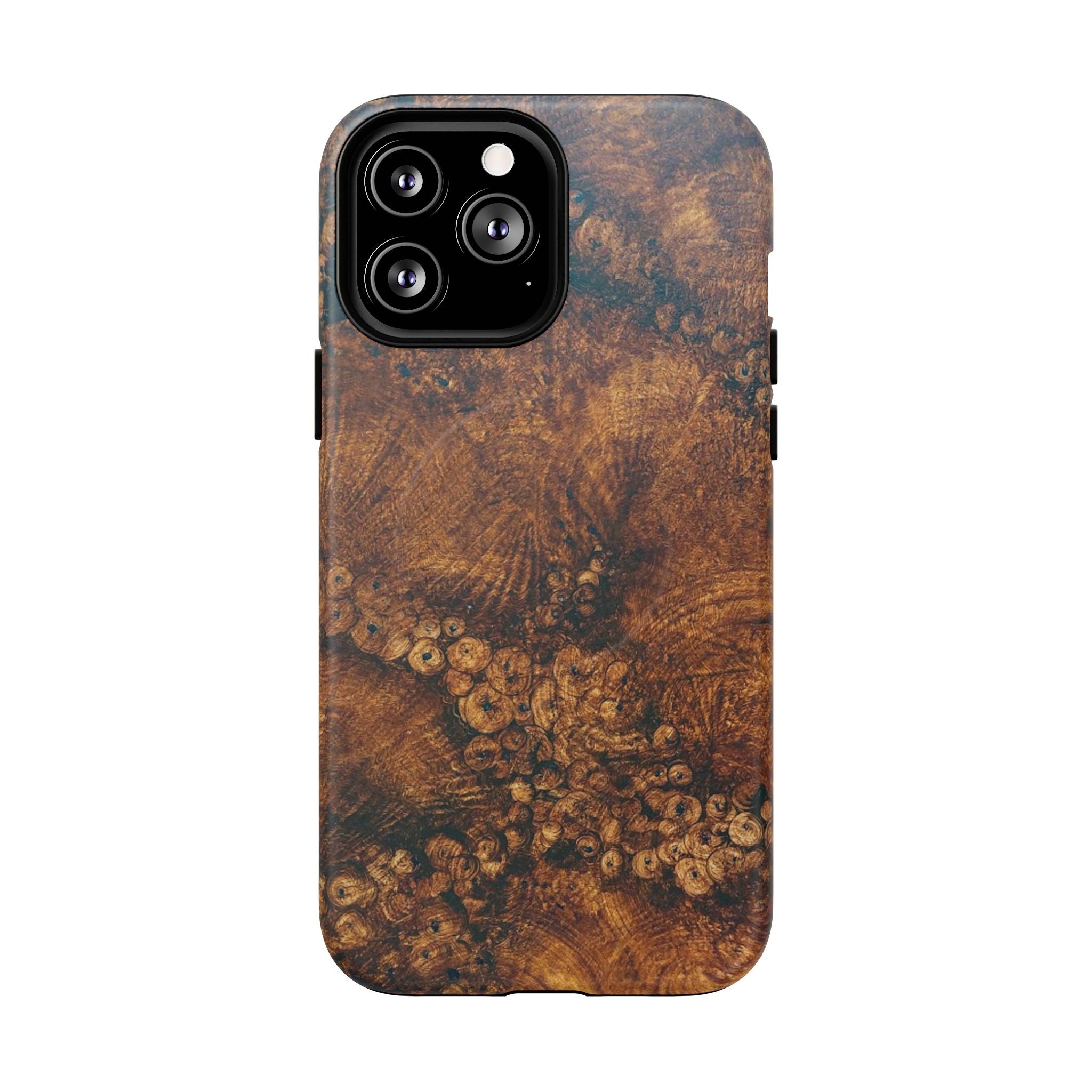 Magnetic iphone case with a natural Burl Wood Design compatible with MagSafe accessories in tough Dual Layer Shell