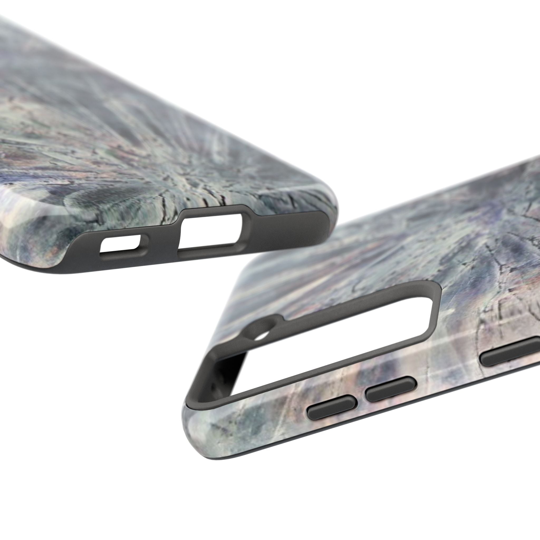 Phone case in abstract bursts of silver crystal design with rubber lining for strong impact and UV protection