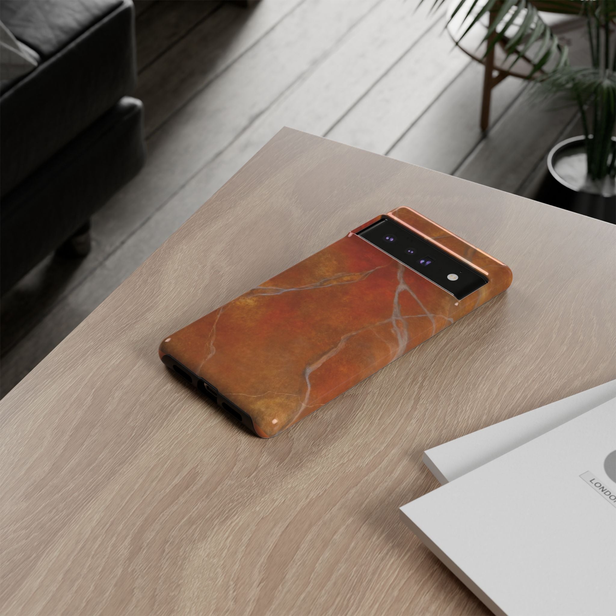 Phone case in sophisticated red orange marble design that is impact resistant tough in glossy or matte finish