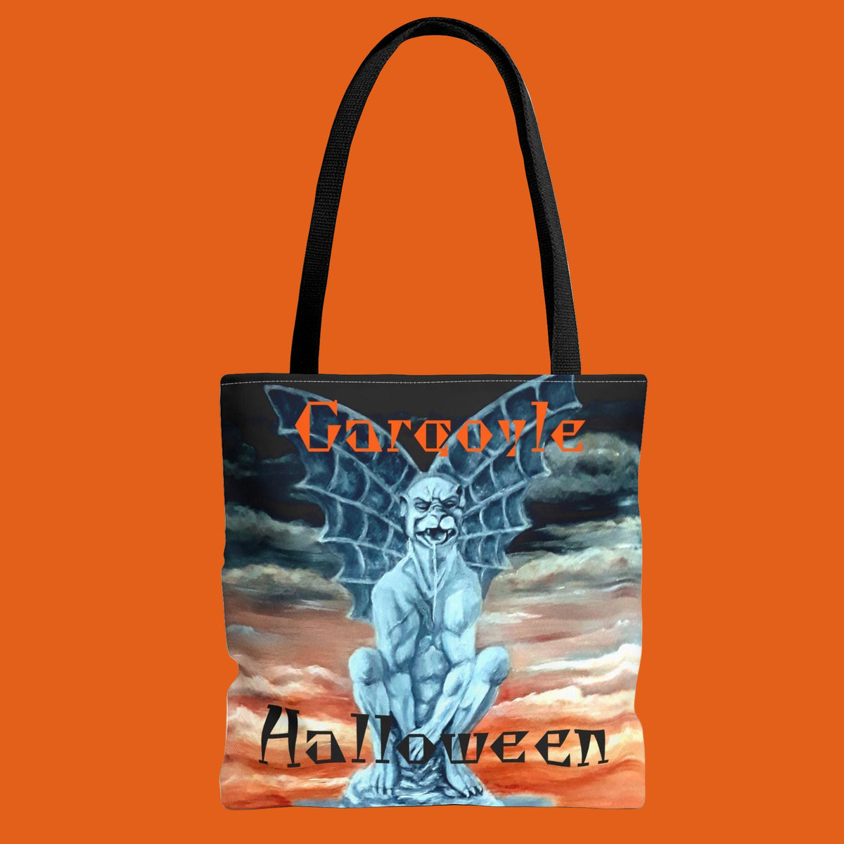 Tote bag with a gargoyle design and 'Halloween' text in 3 Sizes