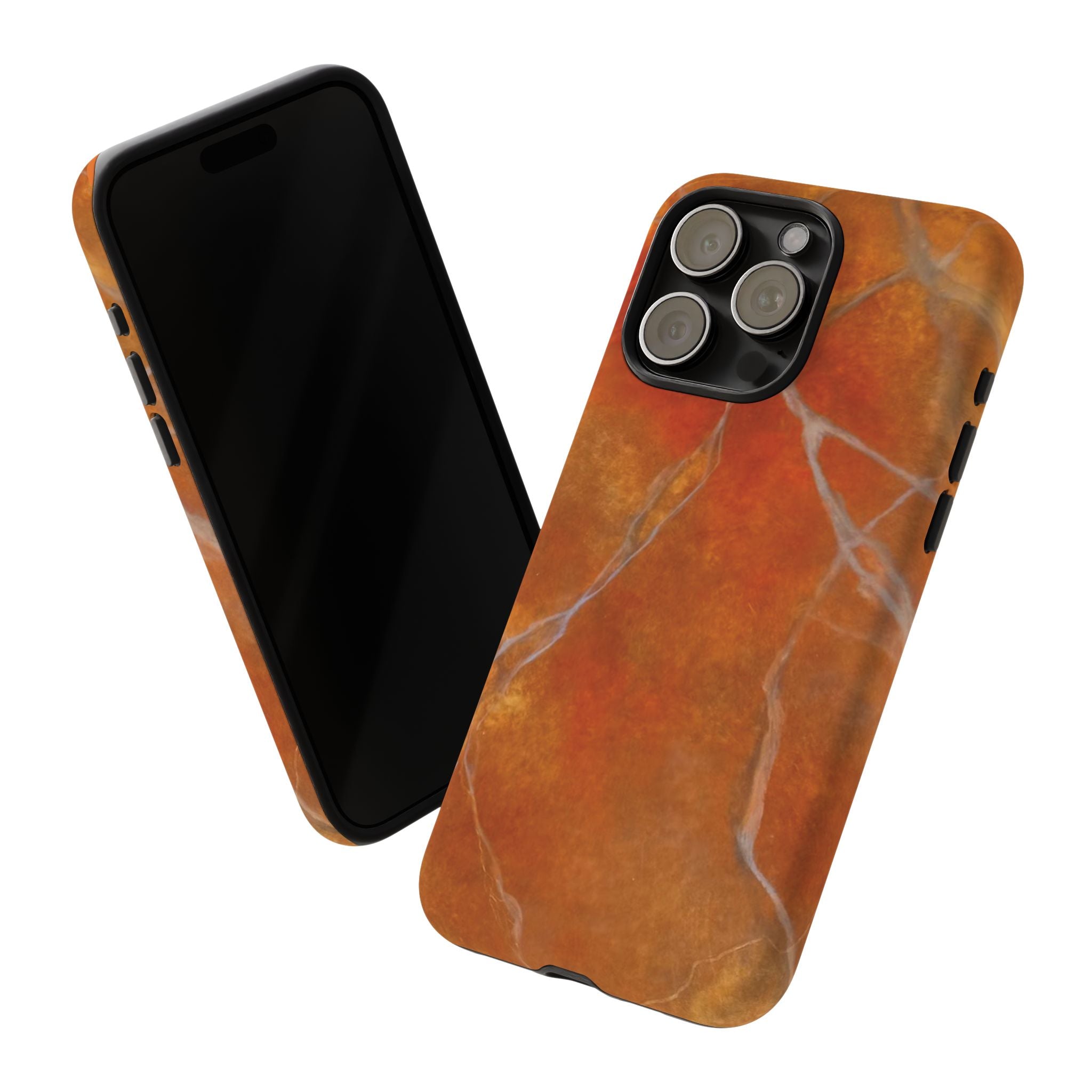 Phone case in sophisticated red orange marble design that is impact resistant tough in glossy or matte finish