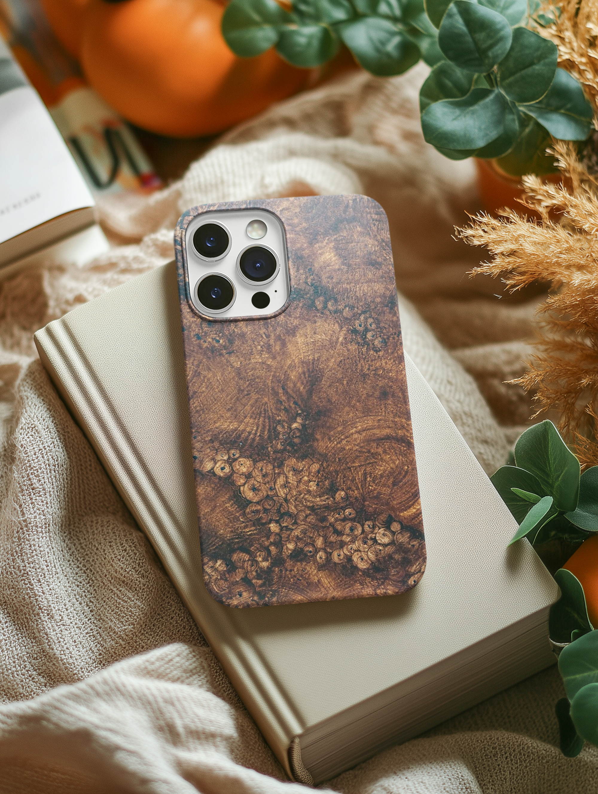 Magnetic iphone case with a natural Burl Wood Design compatible with MagSafe accessories in tough Dual Layer Shell