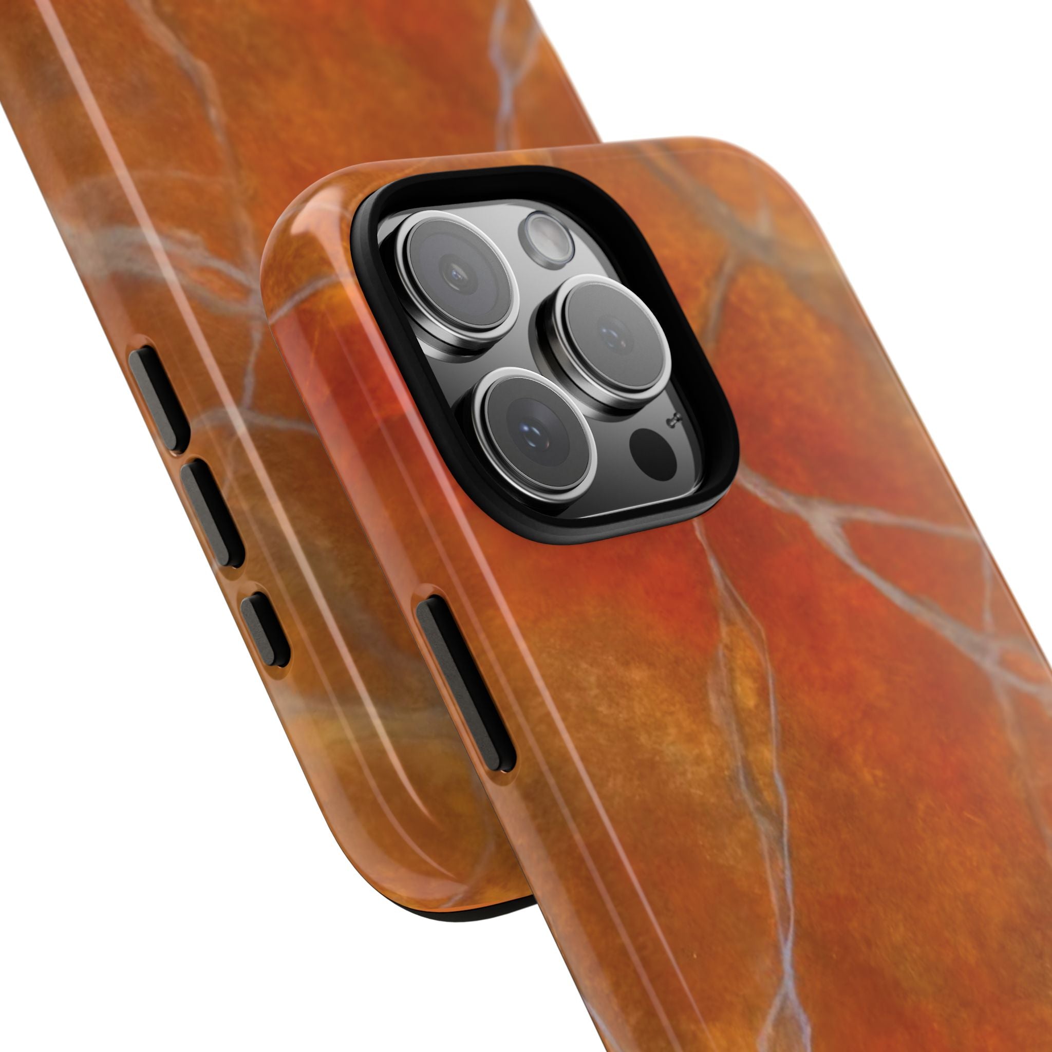 Phone case in sophisticated red orange marble design that is impact resistant tough in glossy or matte finish