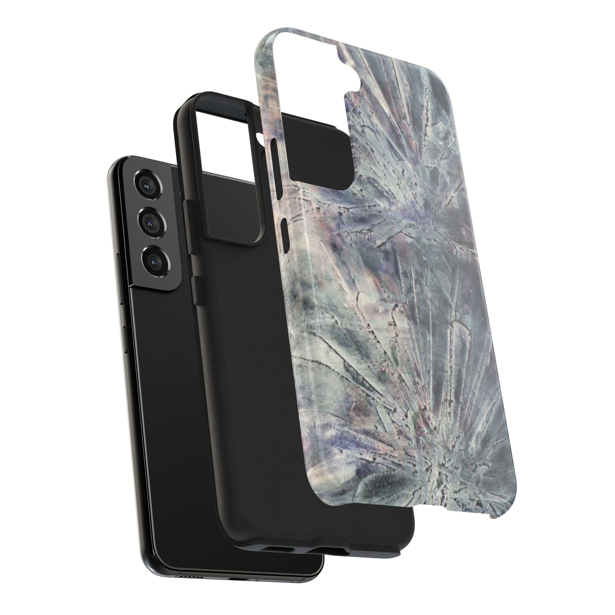 Phone case in abstract bursts of silver crystal design with rubber lining for strong impact and UV protection