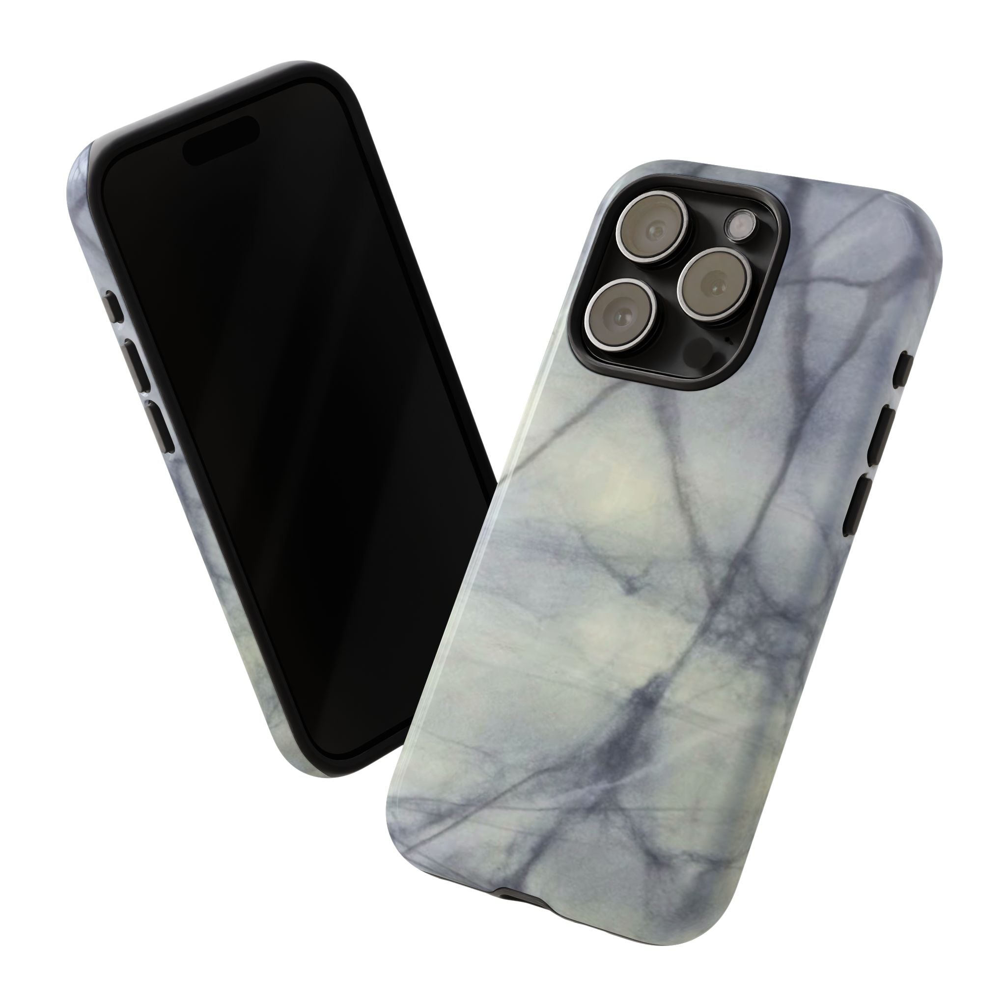Phone case in impressive grey marble design with shock absorbing dual layer shell and UV resistance in 3D wrap
