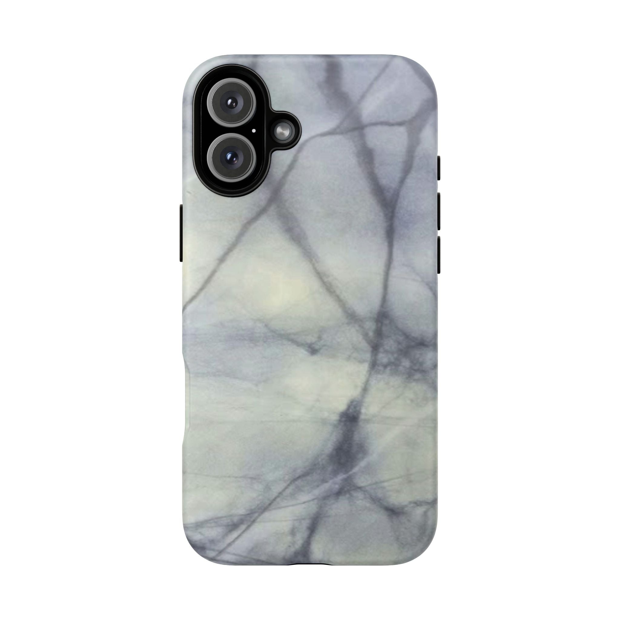 Phone case in impressive grey marble design with shock absorbing dual layer shell and UV resistance in 3D wrap