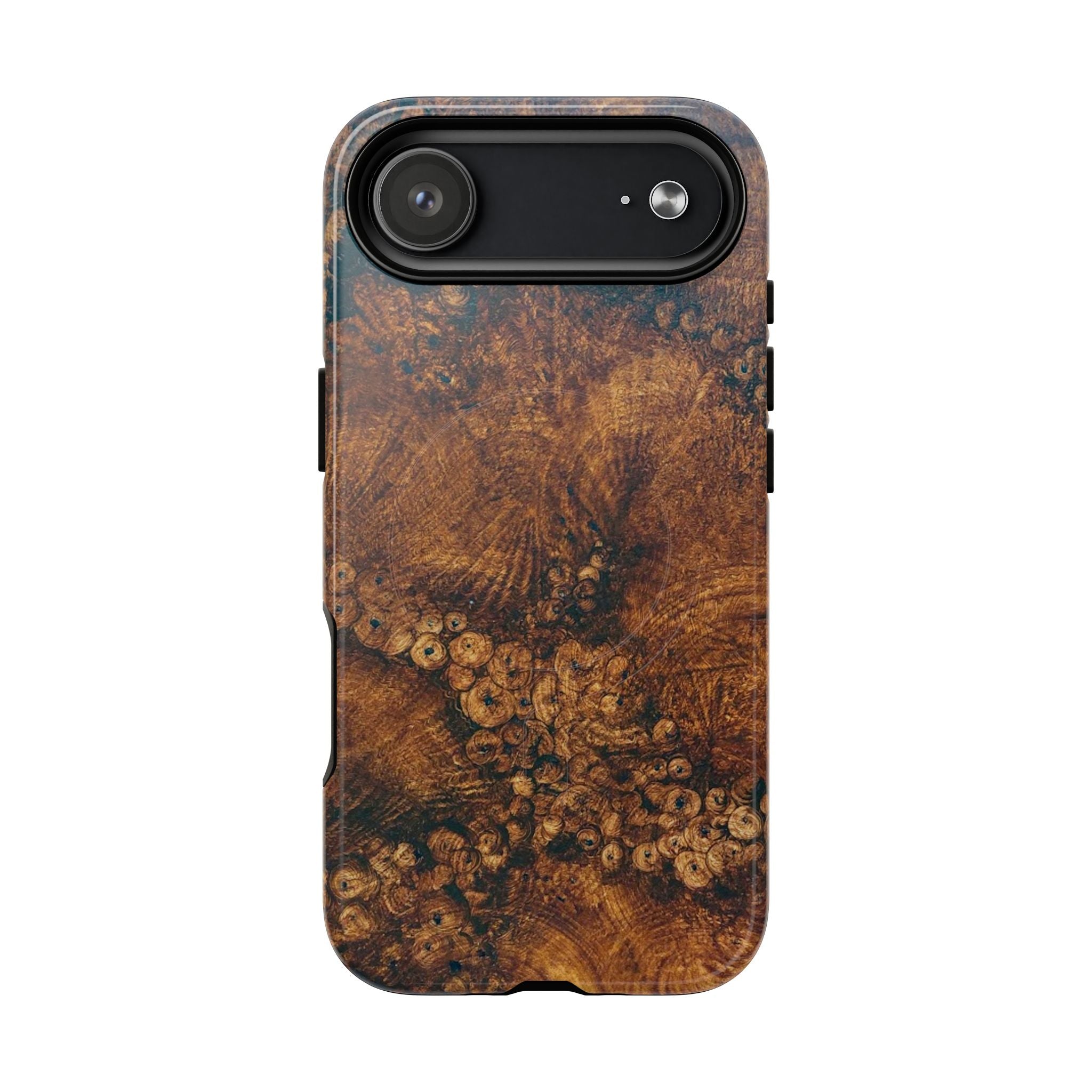 Magnetic iphone case with a natural Burl Wood Design compatible with MagSafe accessories in tough Dual Layer Shell