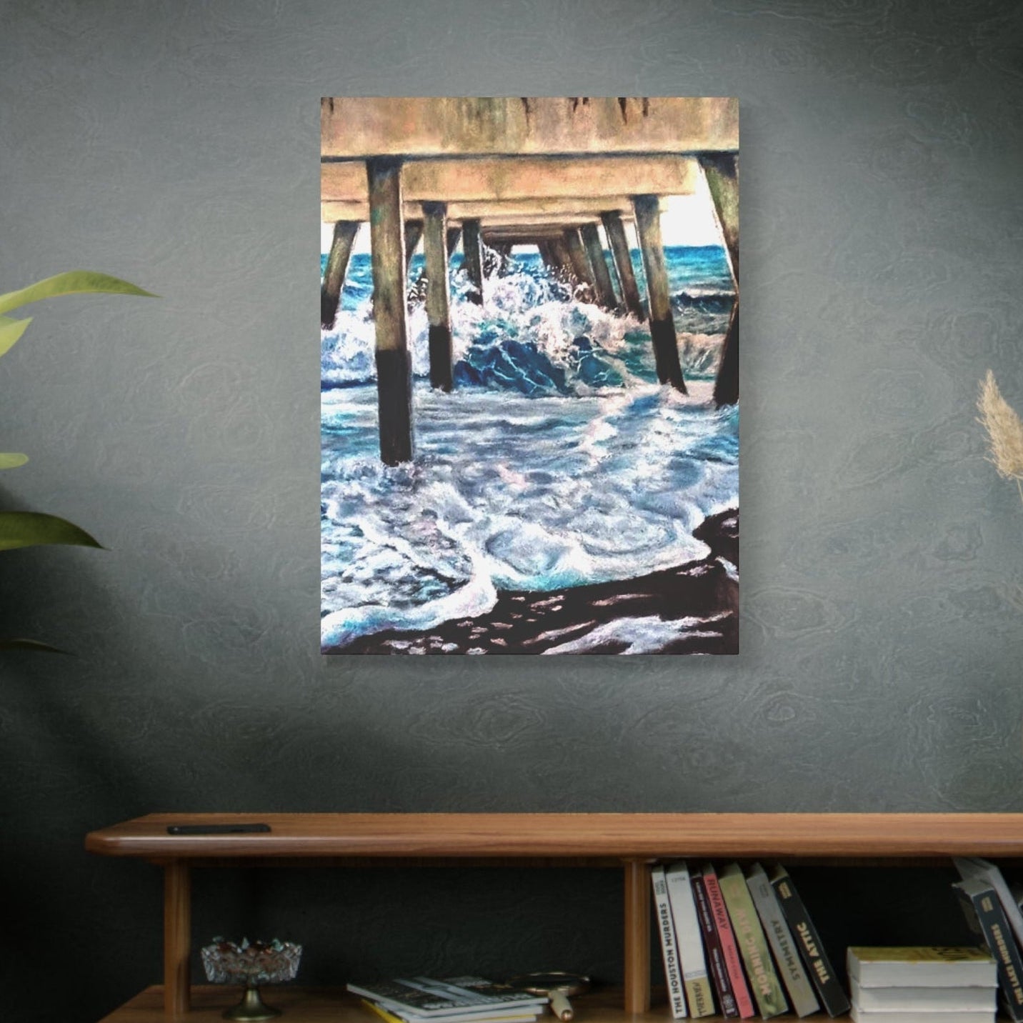 Vivid Canvas print of Pier crashing waves in 2 sizes