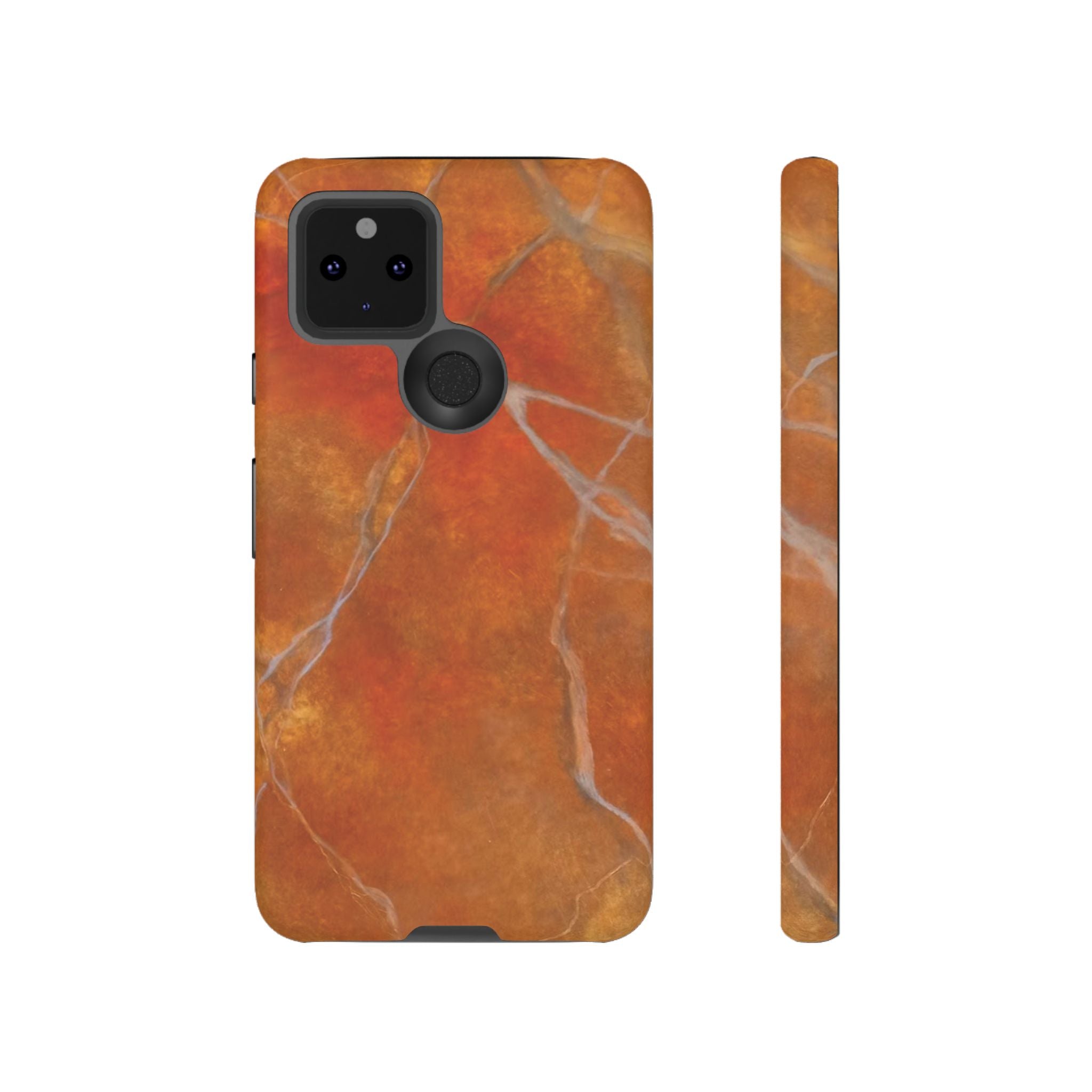 Phone case in sophisticated red orange marble design that is impact resistant tough in glossy or matte finish