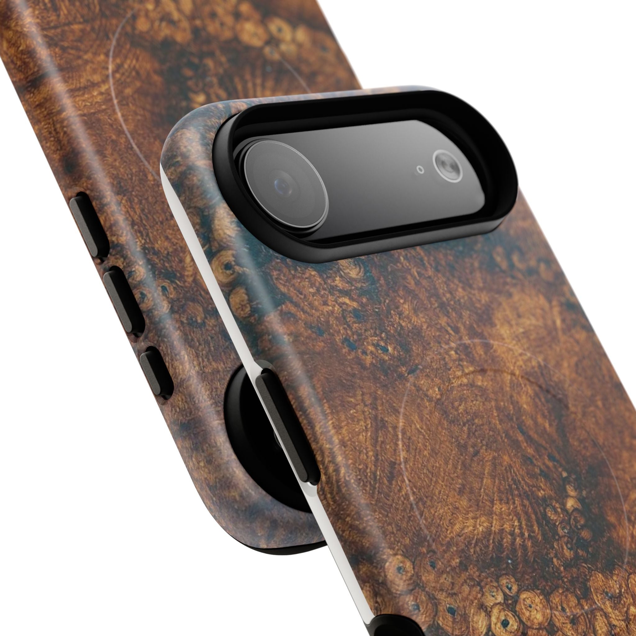 Magnetic iphone case with a natural Burl Wood Design compatible with MagSafe accessories in tough Dual Layer Shell