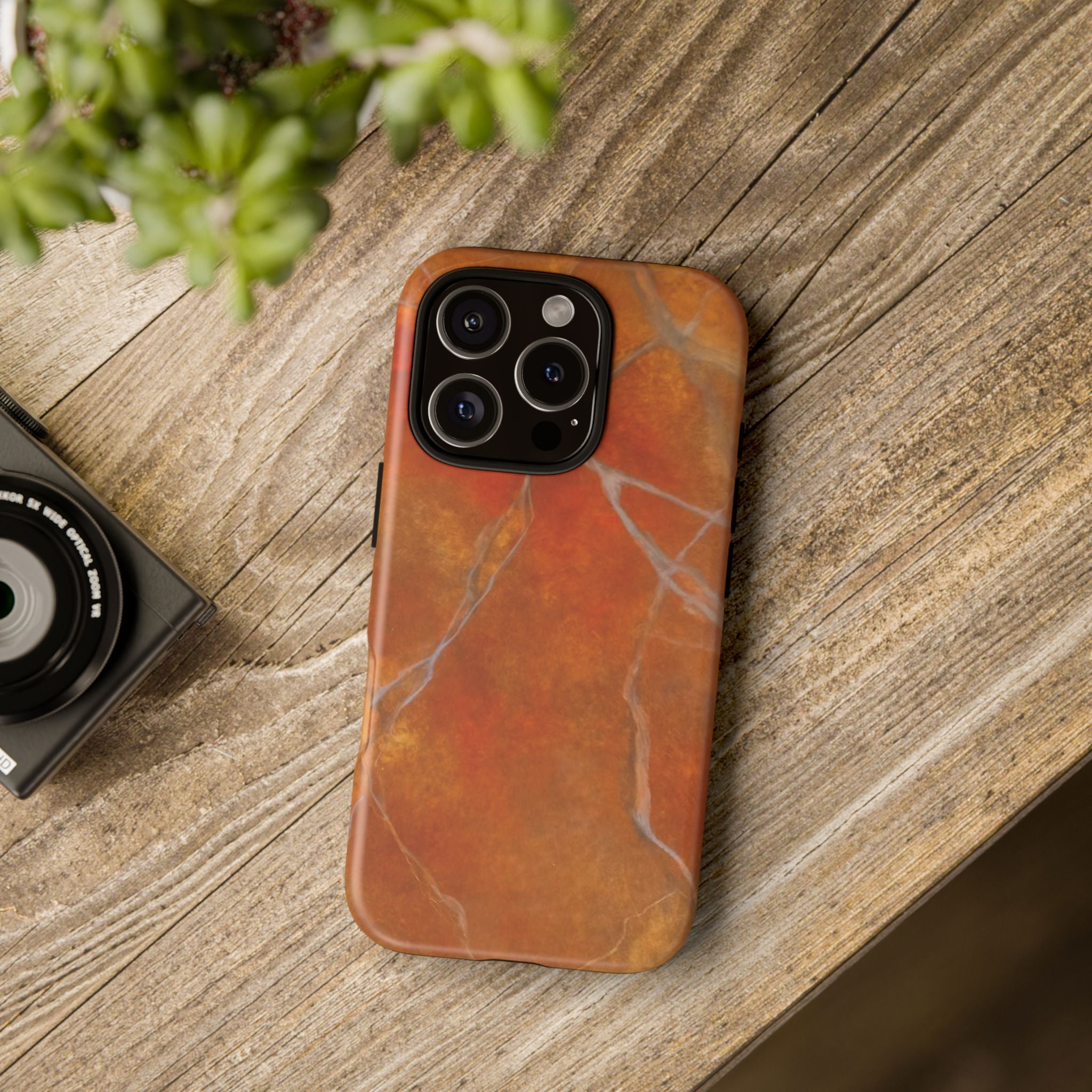 Phone case in sophisticated red orange marble design that is impact resistant tough in glossy or matte finish