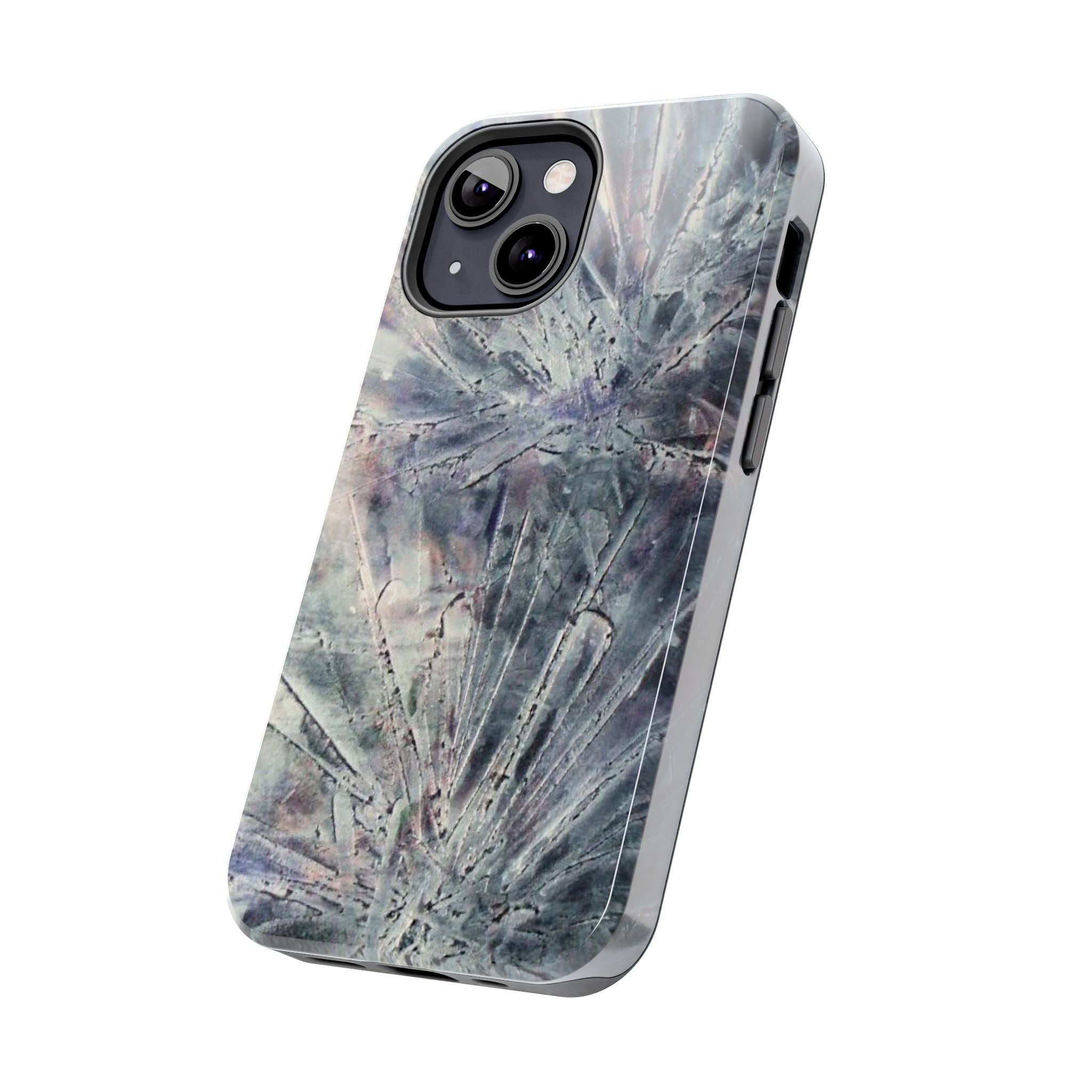 Phone case in abstract bursts of silver crystal design with rubber lining for strong impact and UV protection