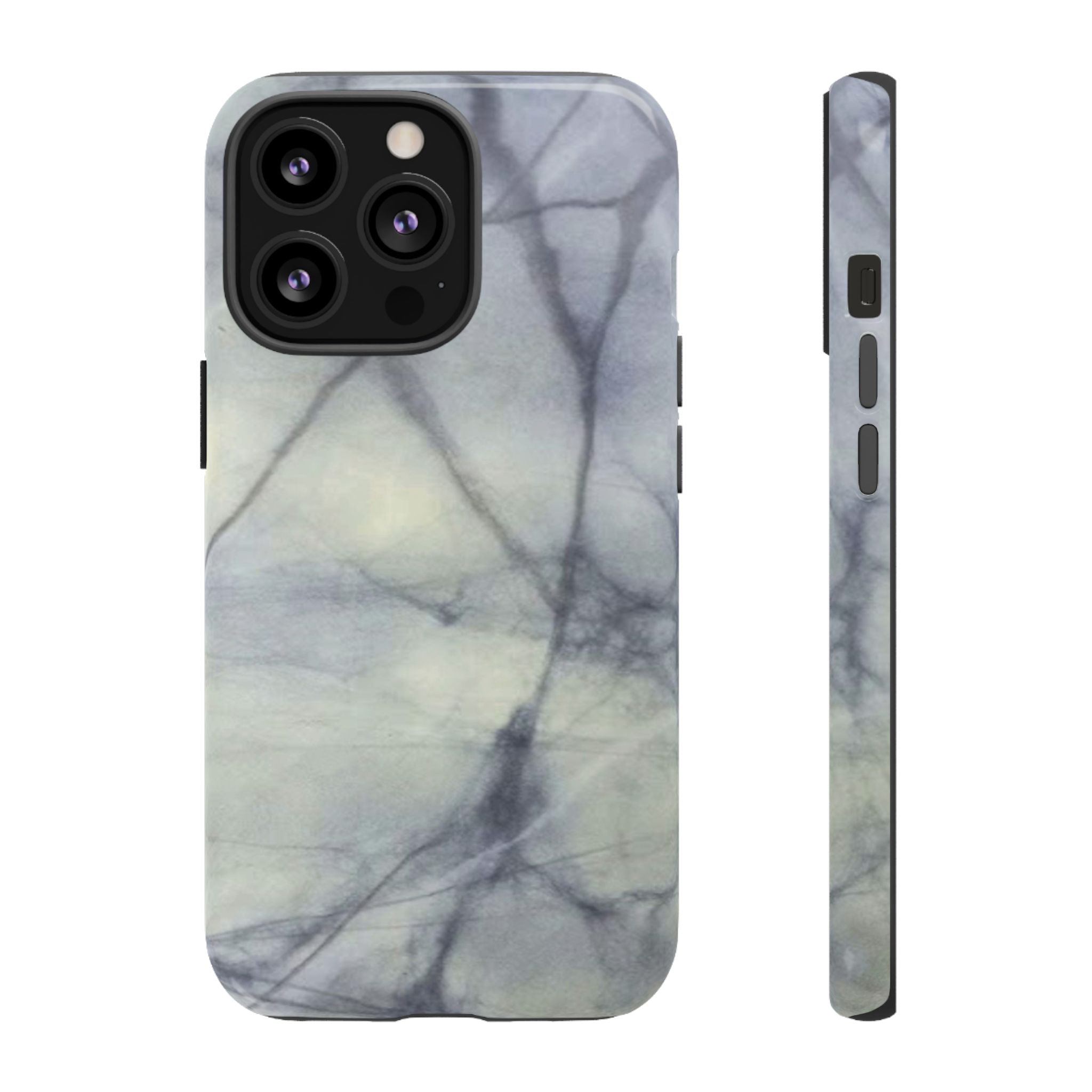 Phone case in impressive grey marble design with shock absorbing dual layer shell and UV resistance in 3D wrap