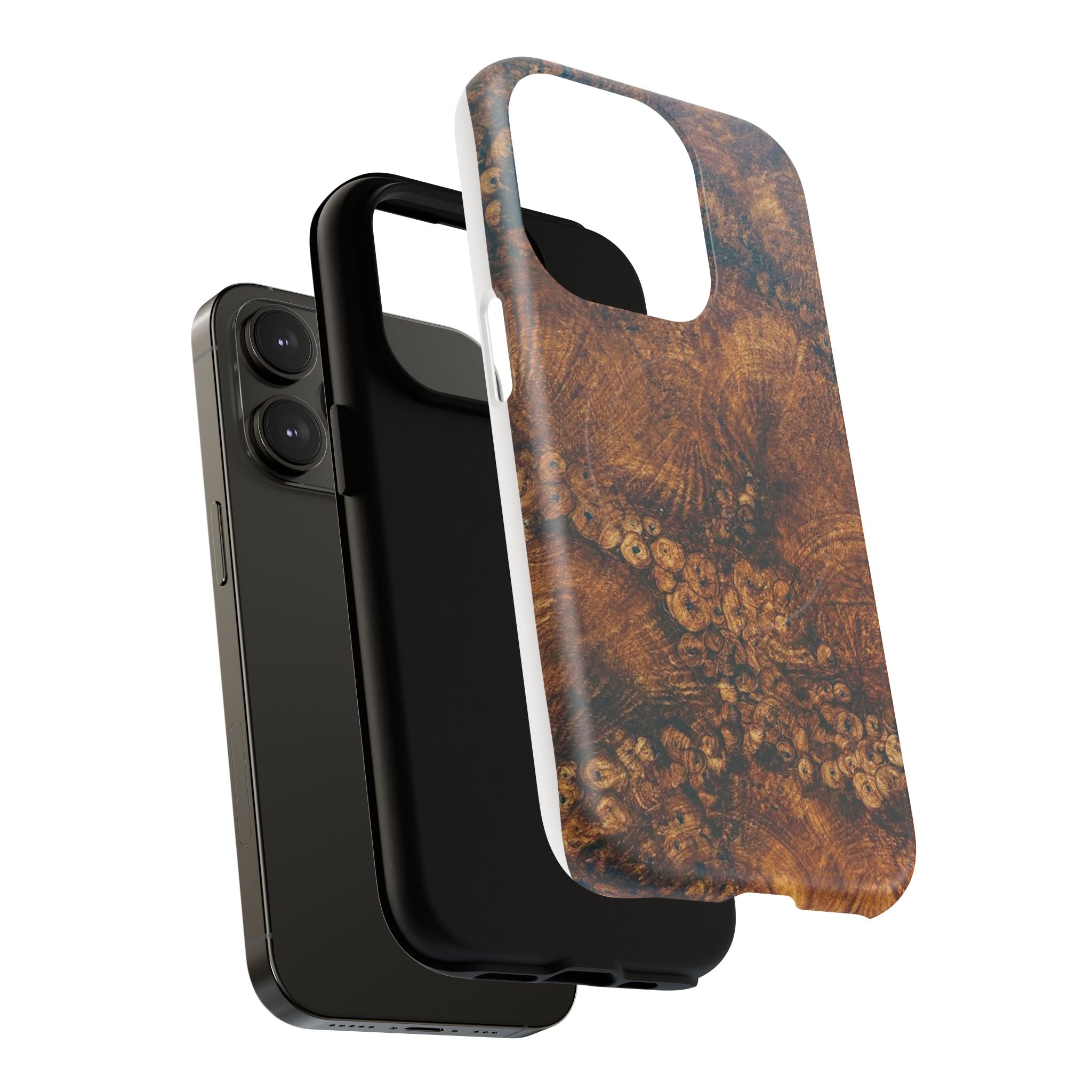 Magnetic iphone case with a natural Burl Wood Design compatible with MagSafe accessories in tough Dual Layer Shell