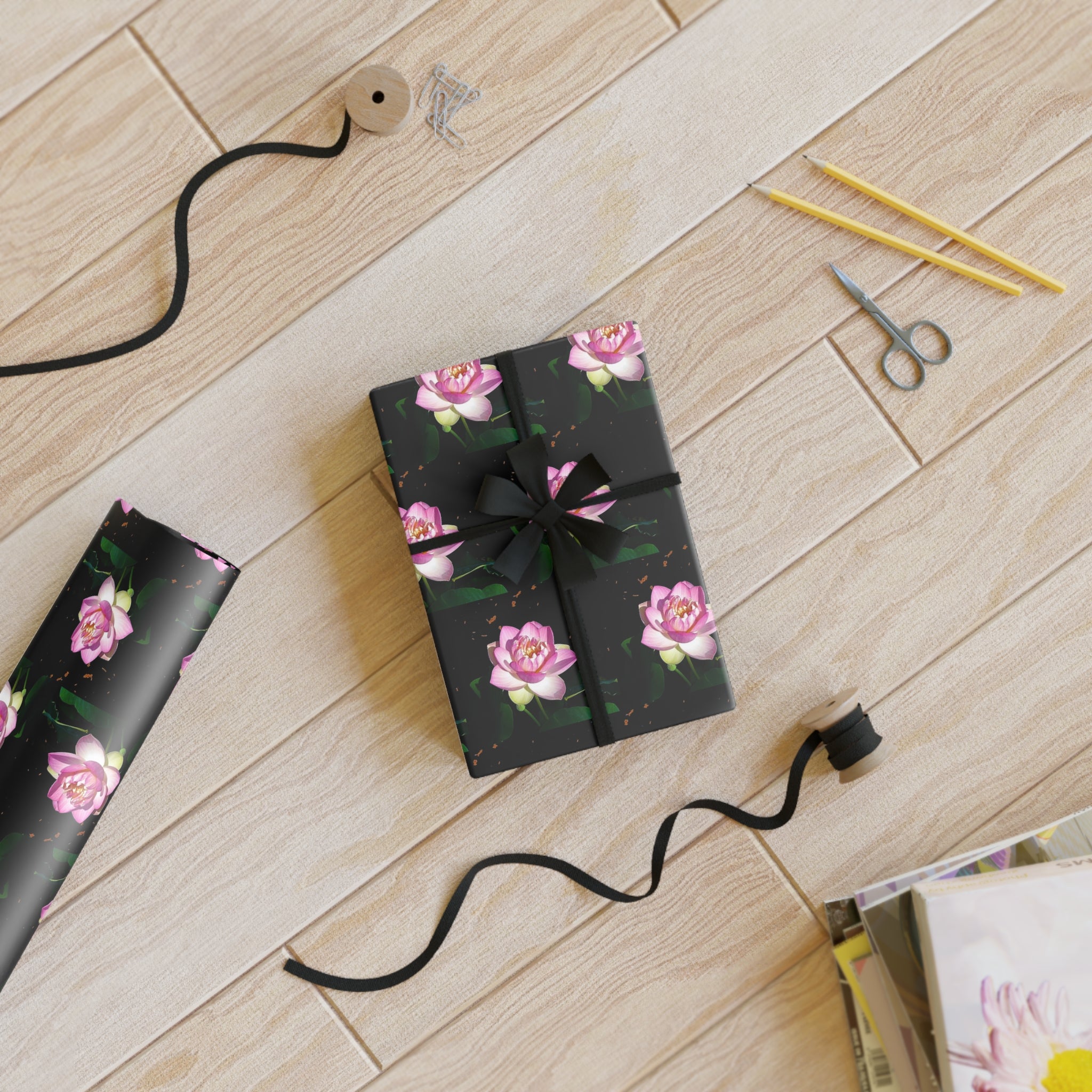 Pink Lotus Flower on Black Pattern - Satin Gift Wrapping Paper Roll
