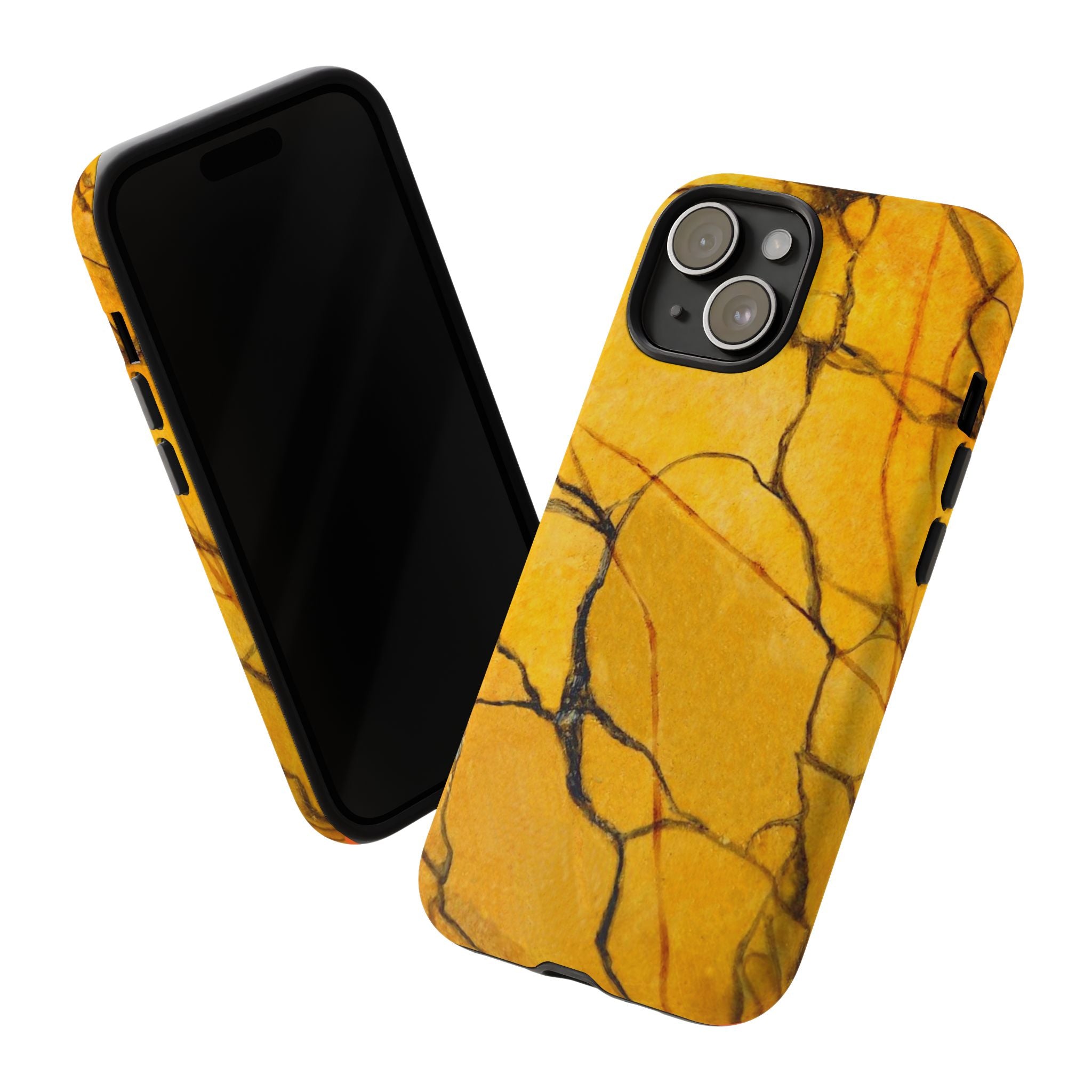 phone case in eye catching gold marble design in glossy or matte finish with silicone lining and hard shell for impact and UV resistance