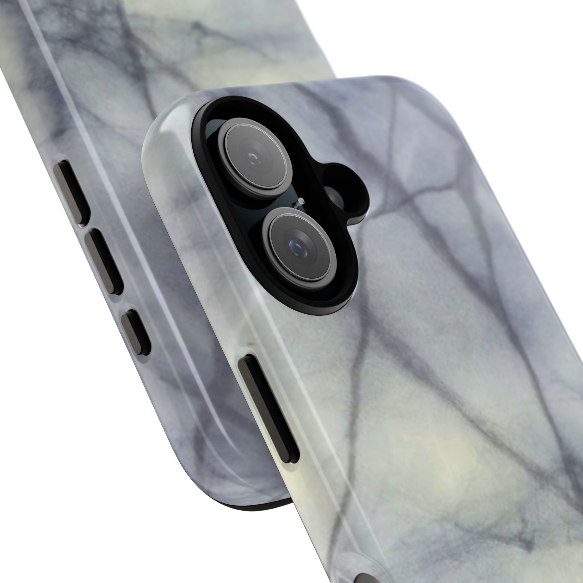 Phone case in impressive grey marble design with shock absorbing dual layer shell and UV resistance in 3D wrap