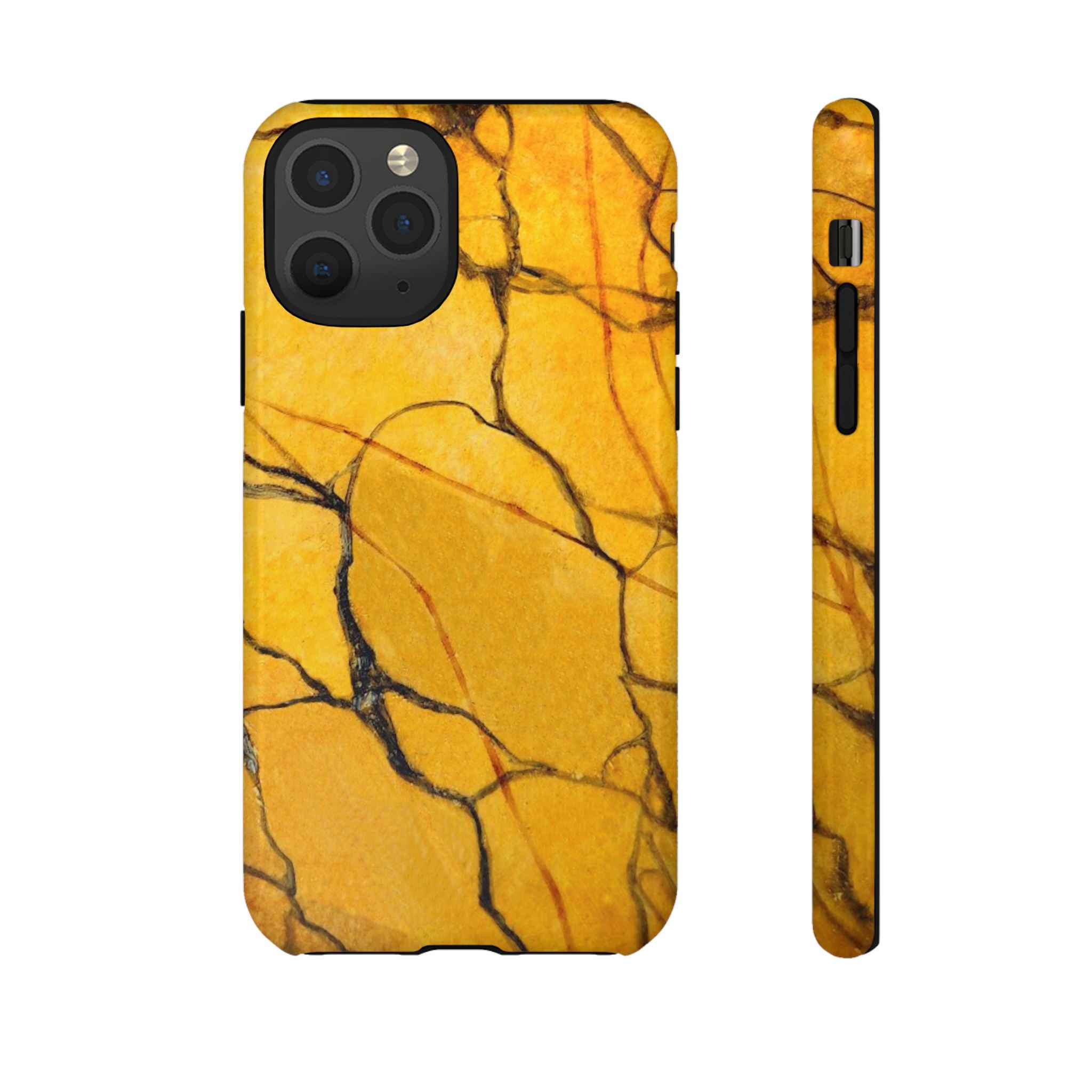 phone case in eye catching gold marble design in glossy or matte finish with silicone lining and hard shell for impact and UV resistance