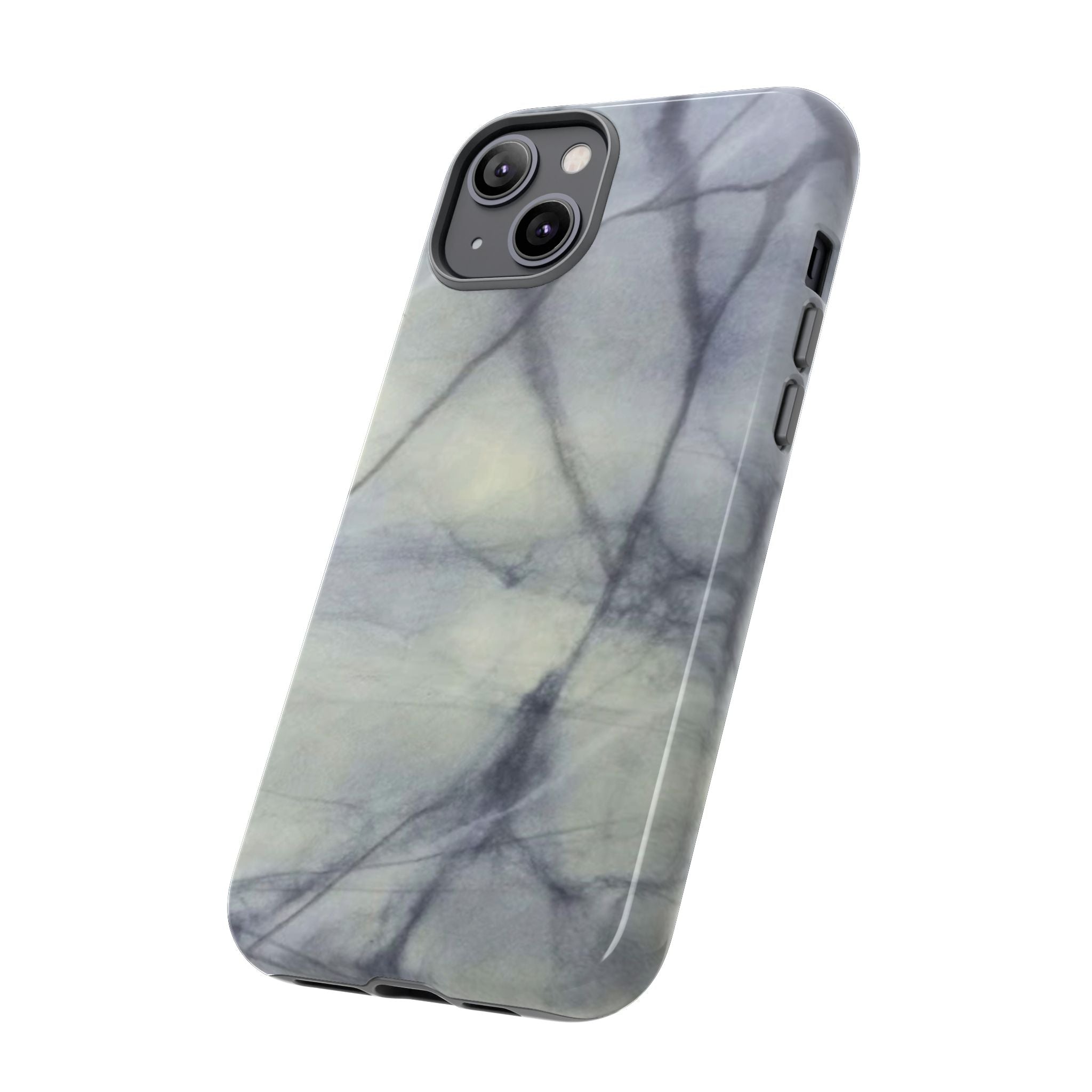 Phone case in impressive grey marble design with shock absorbing dual layer shell and UV resistance in 3D wrap