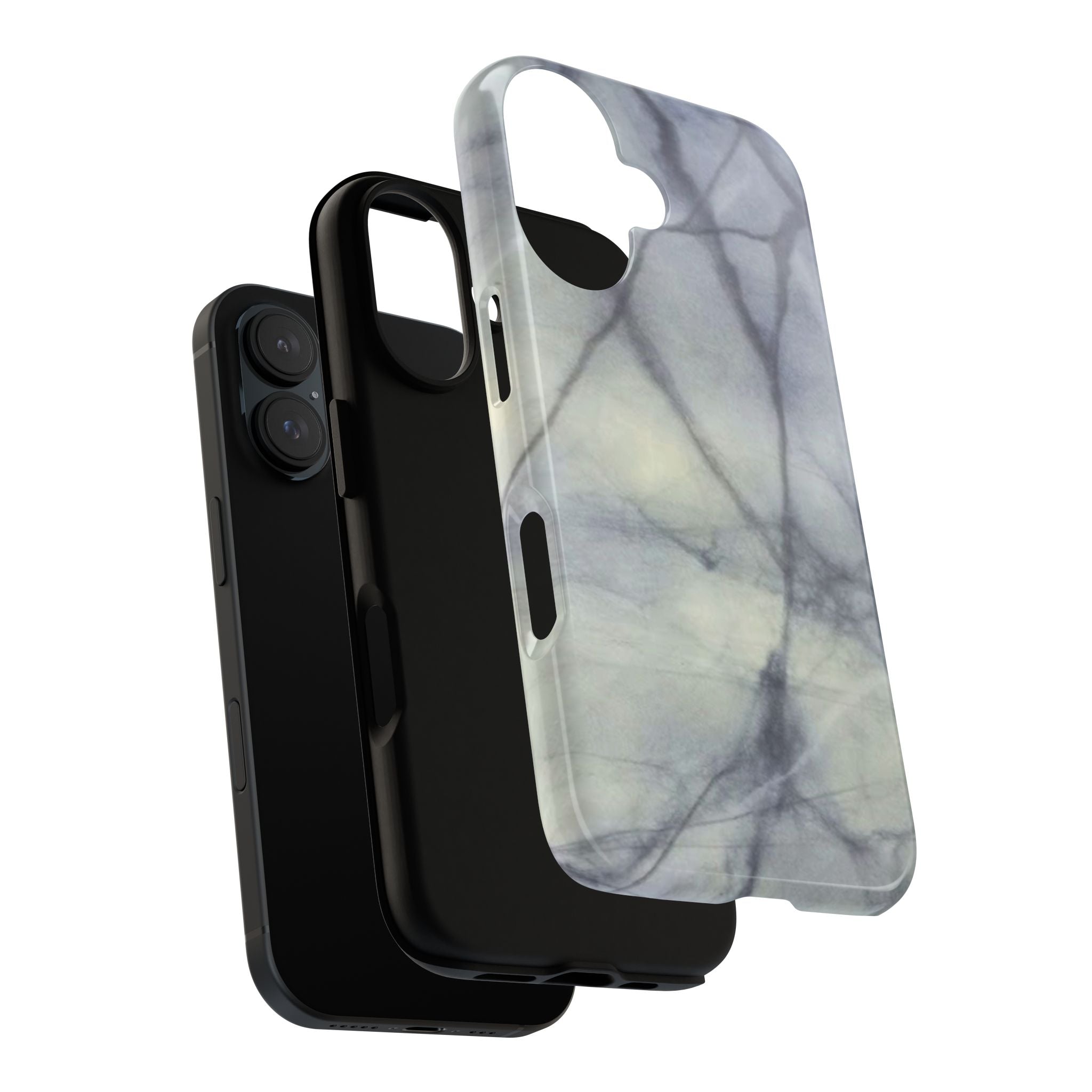Phone case in impressive grey marble design with shock absorbing dual layer shell and UV resistance in 3D wrap