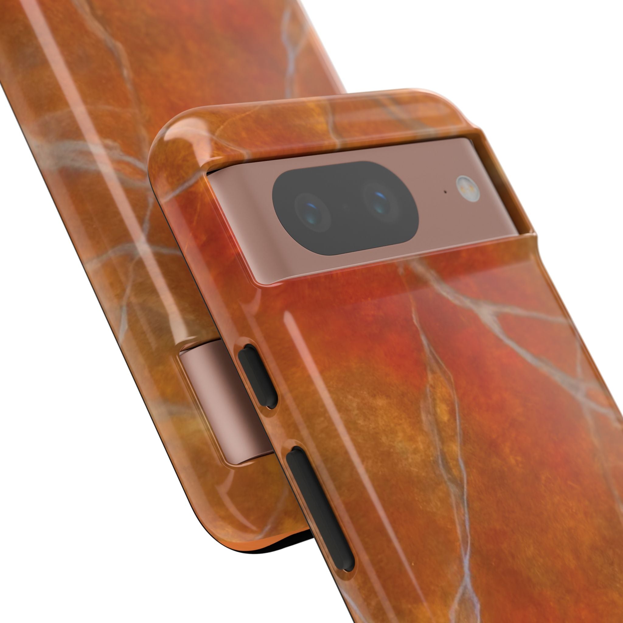 Phone case in sophisticated red orange marble design that is impact resistant tough in glossy or matte finish