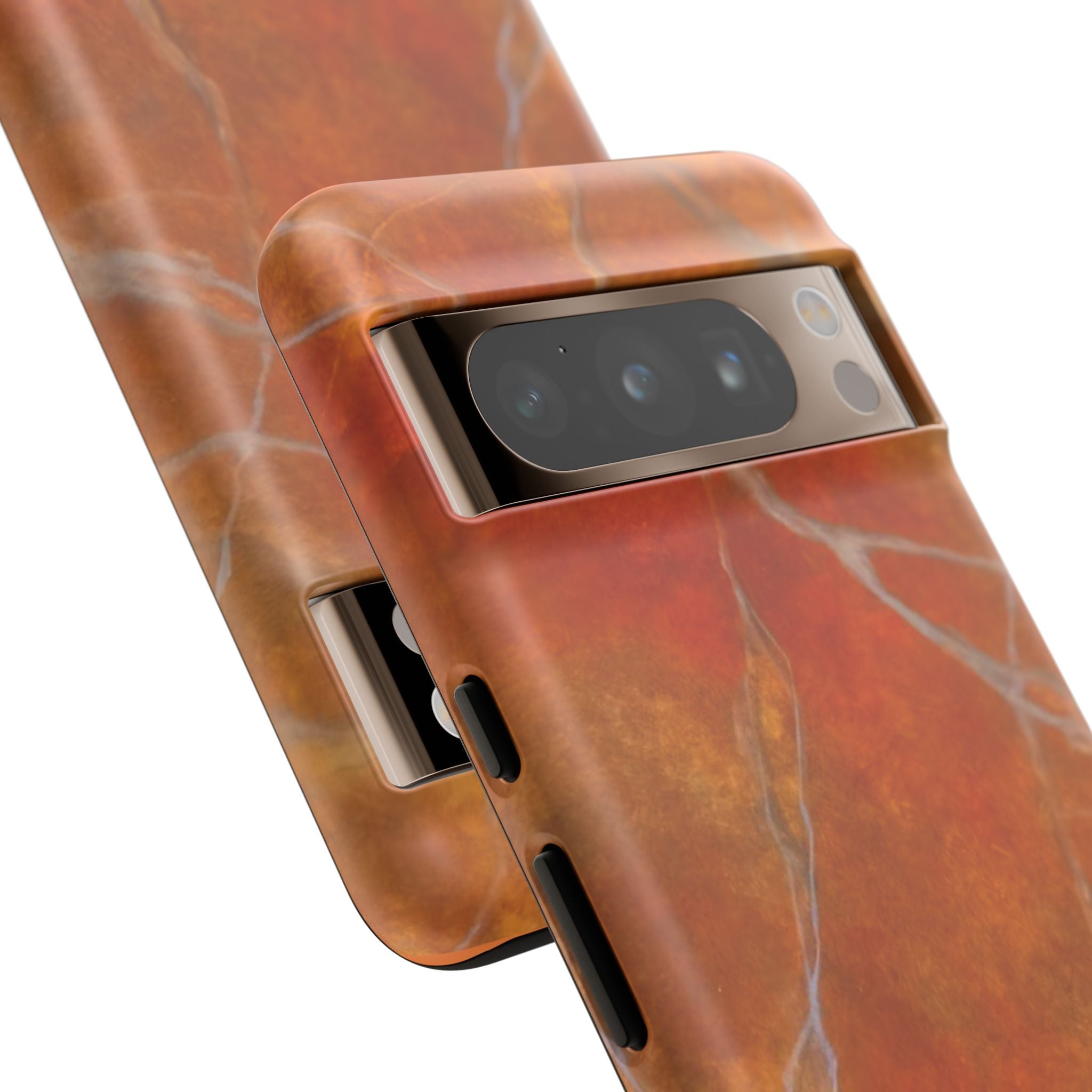 Phone case in sophisticated red orange marble design that is impact resistant tough in glossy or matte finish