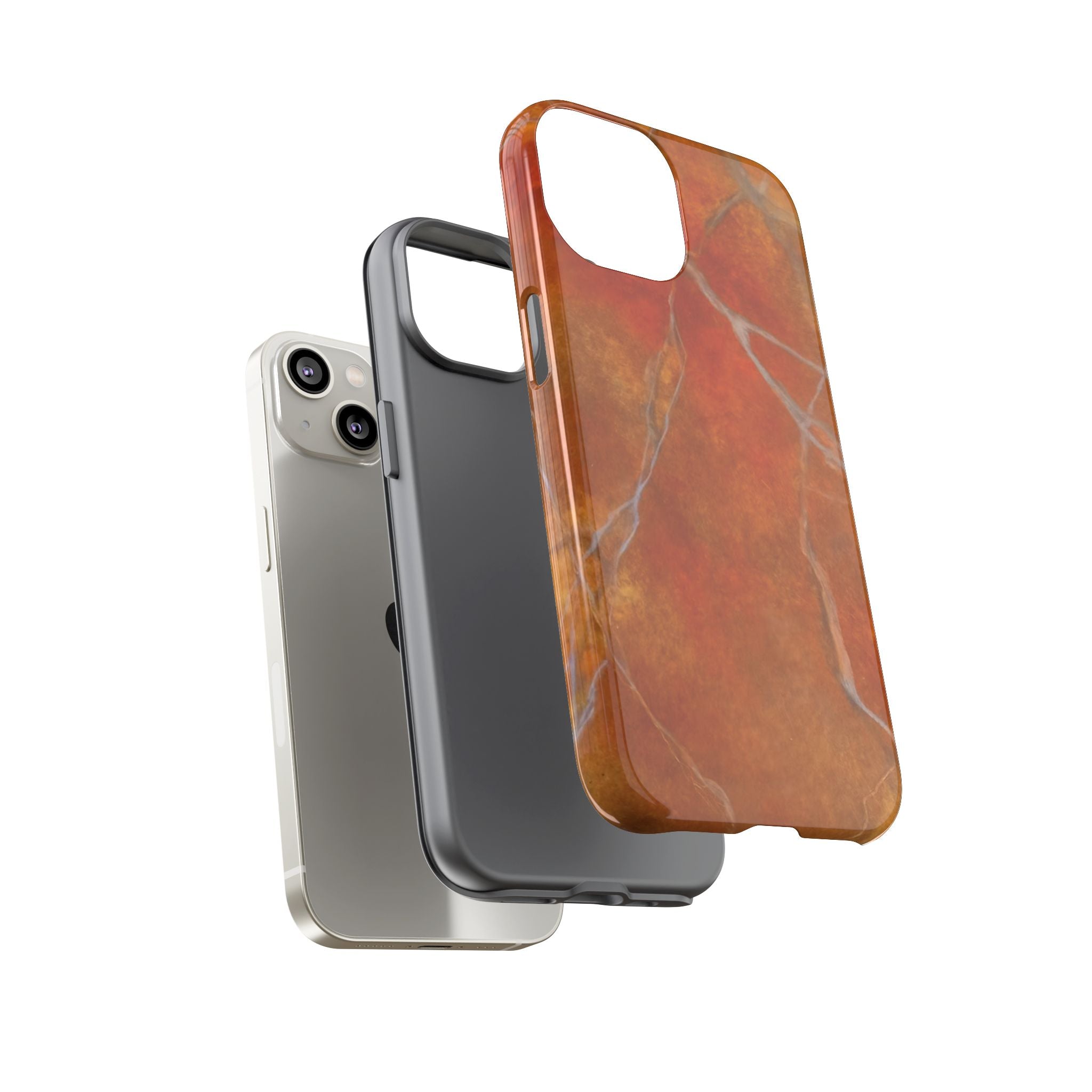 Phone case in sophisticated red orange marble design that is impact resistant tough in glossy or matte finish