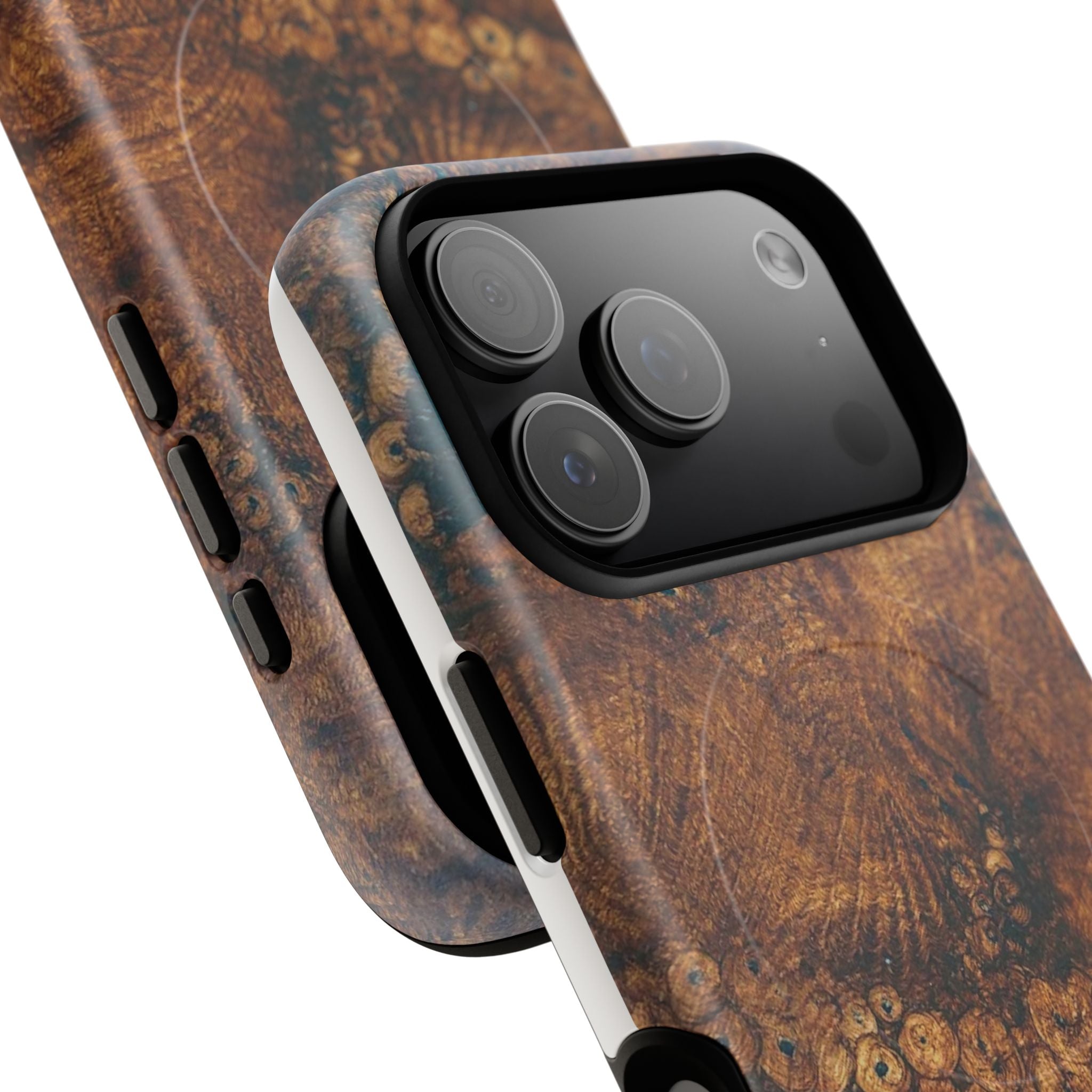 Magnetic iphone case with a natural Burl Wood Design compatible with MagSafe accessories in tough Dual Layer Shell