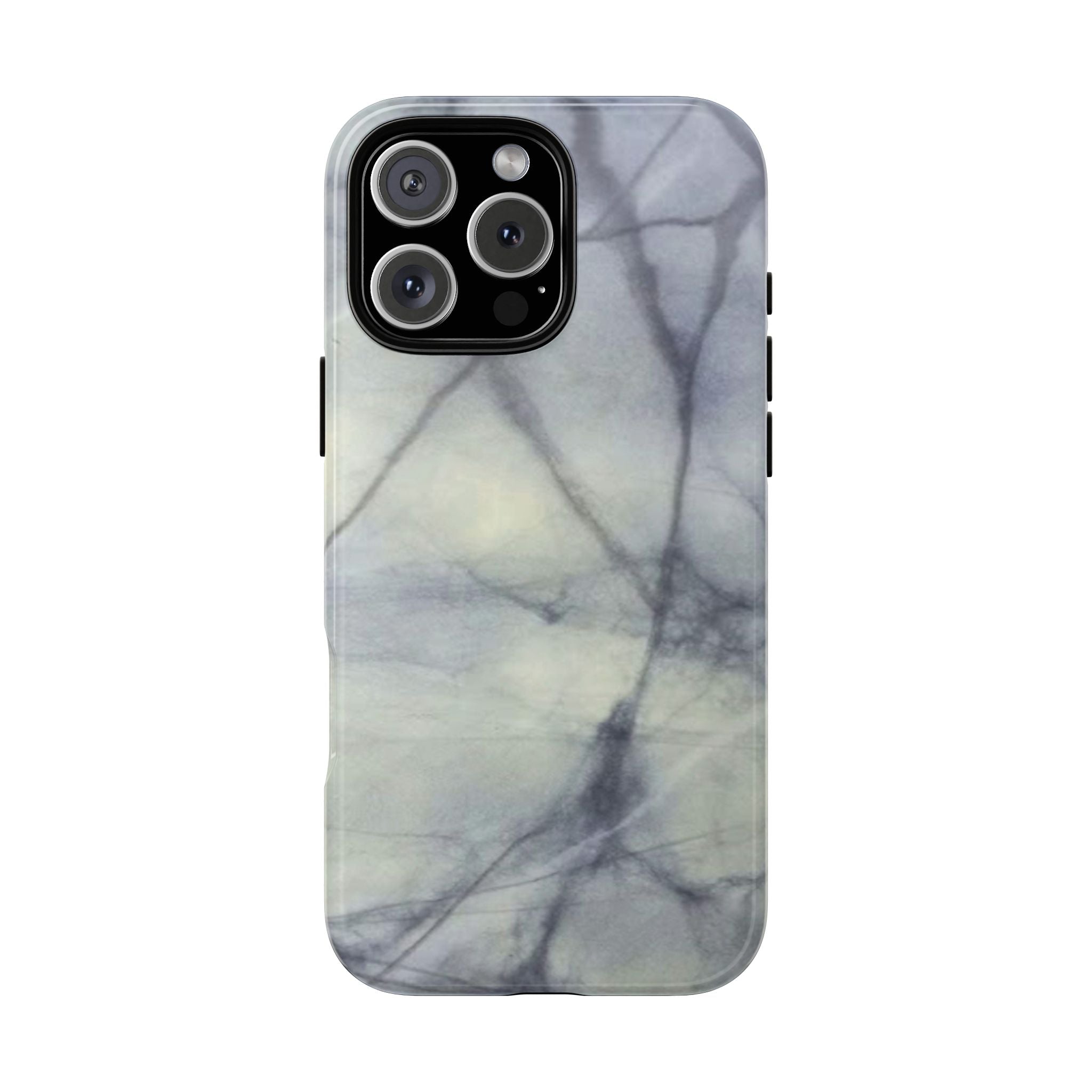 Phone case in impressive grey marble design with shock absorbing dual layer shell and UV resistance in 3D wrap