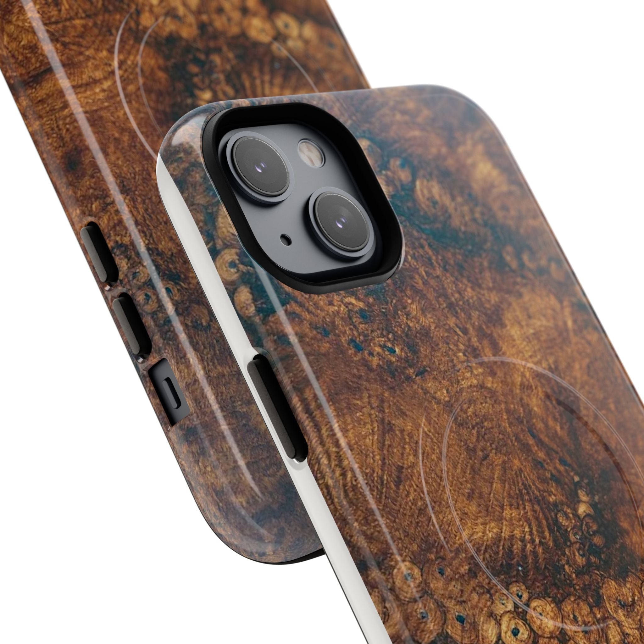 Magnetic iphone case with a natural Burl Wood Design compatible with MagSafe accessories in tough Dual Layer Shell