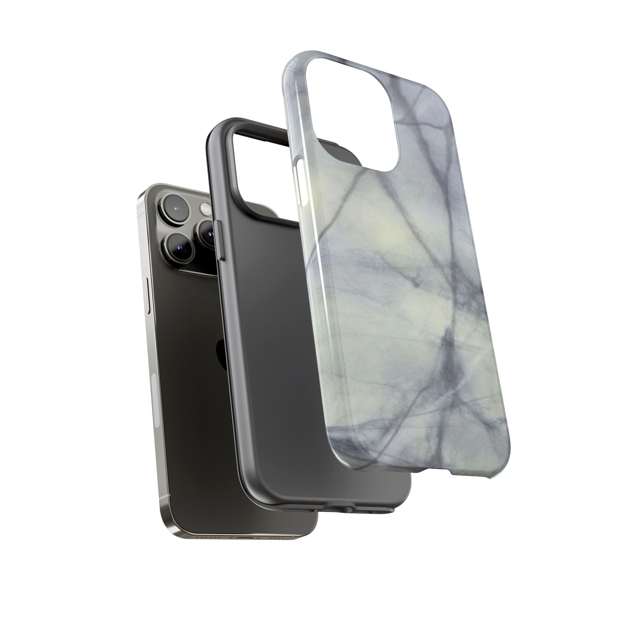 Phone case in impressive grey marble design with shock absorbing dual layer shell and UV resistance in 3D wrap
