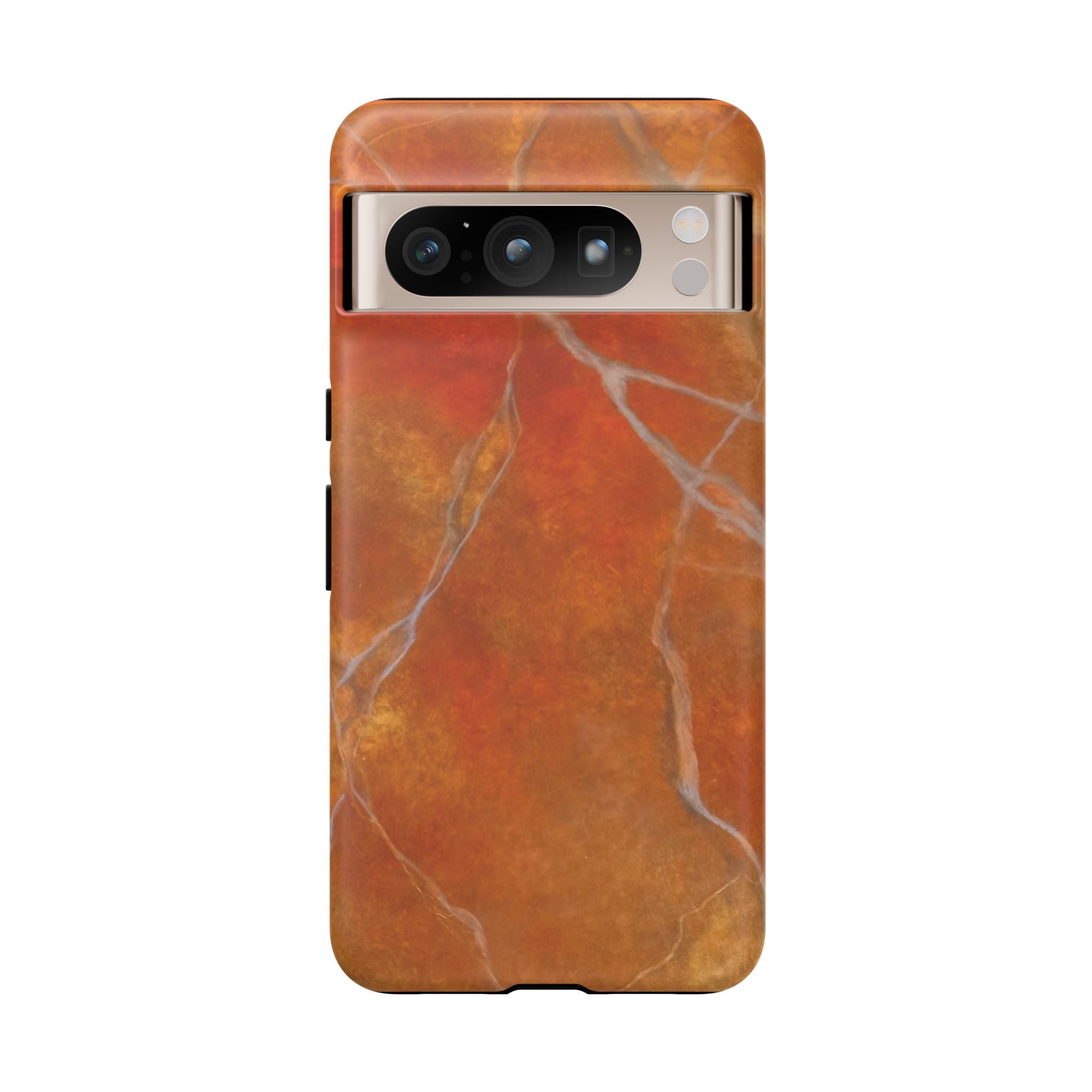 Phone case in sophisticated red orange marble design that is impact resistant tough in glossy or matte finish