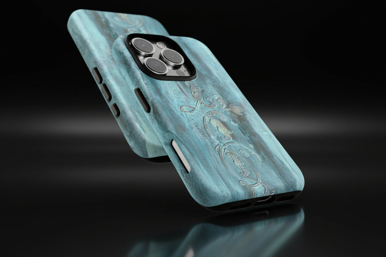 Phone Case in Elegant Teals with Decorative Scroll Design in 3D Wrap and Impact Resistant Toughness