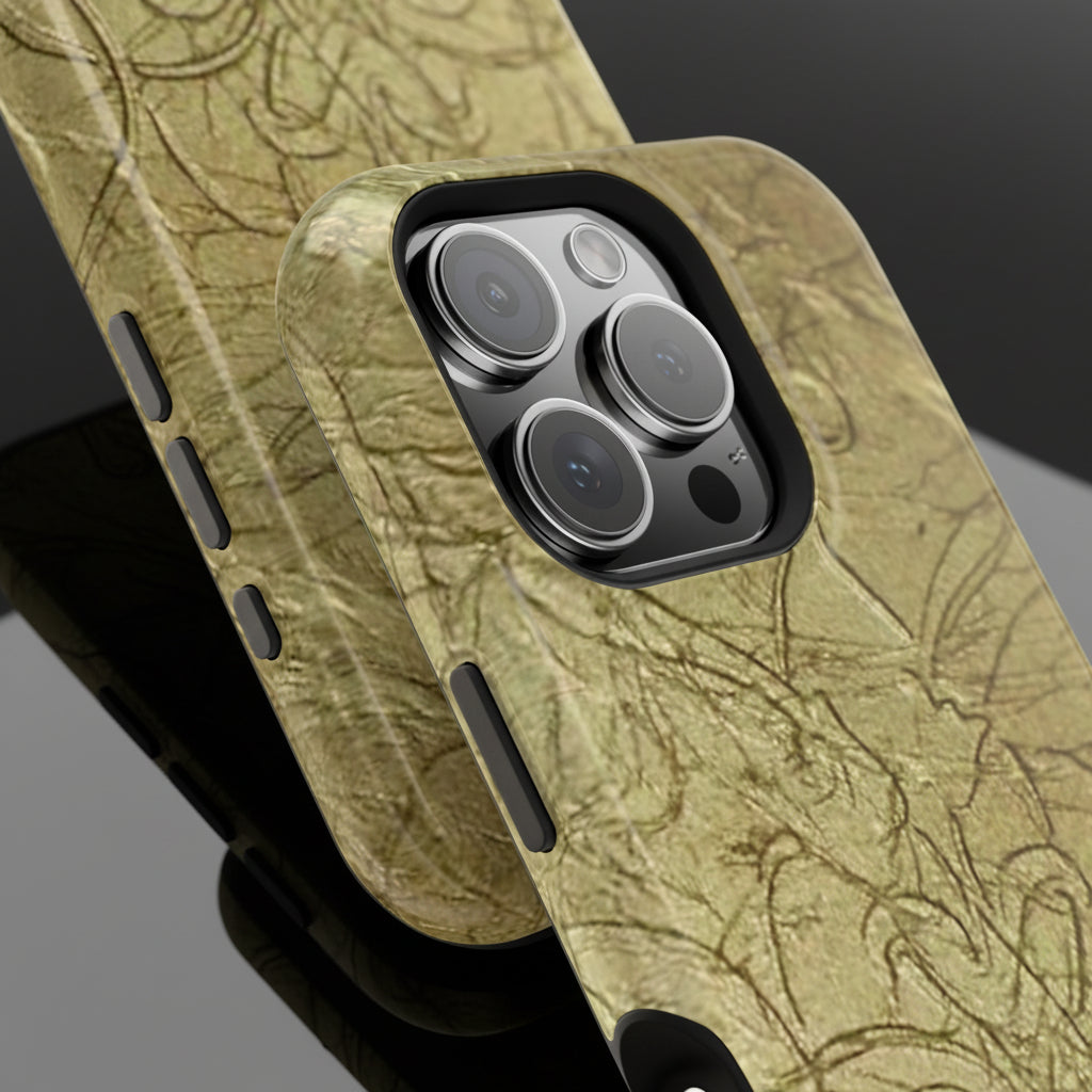 Phone case with 3D wrap of Gold swirling scrolls with precise cutouts