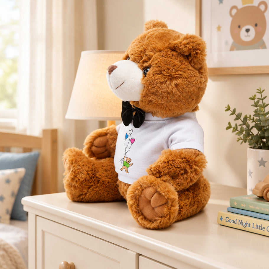 Brown teddy bear wearing a white tee shirt - 3/4 view
