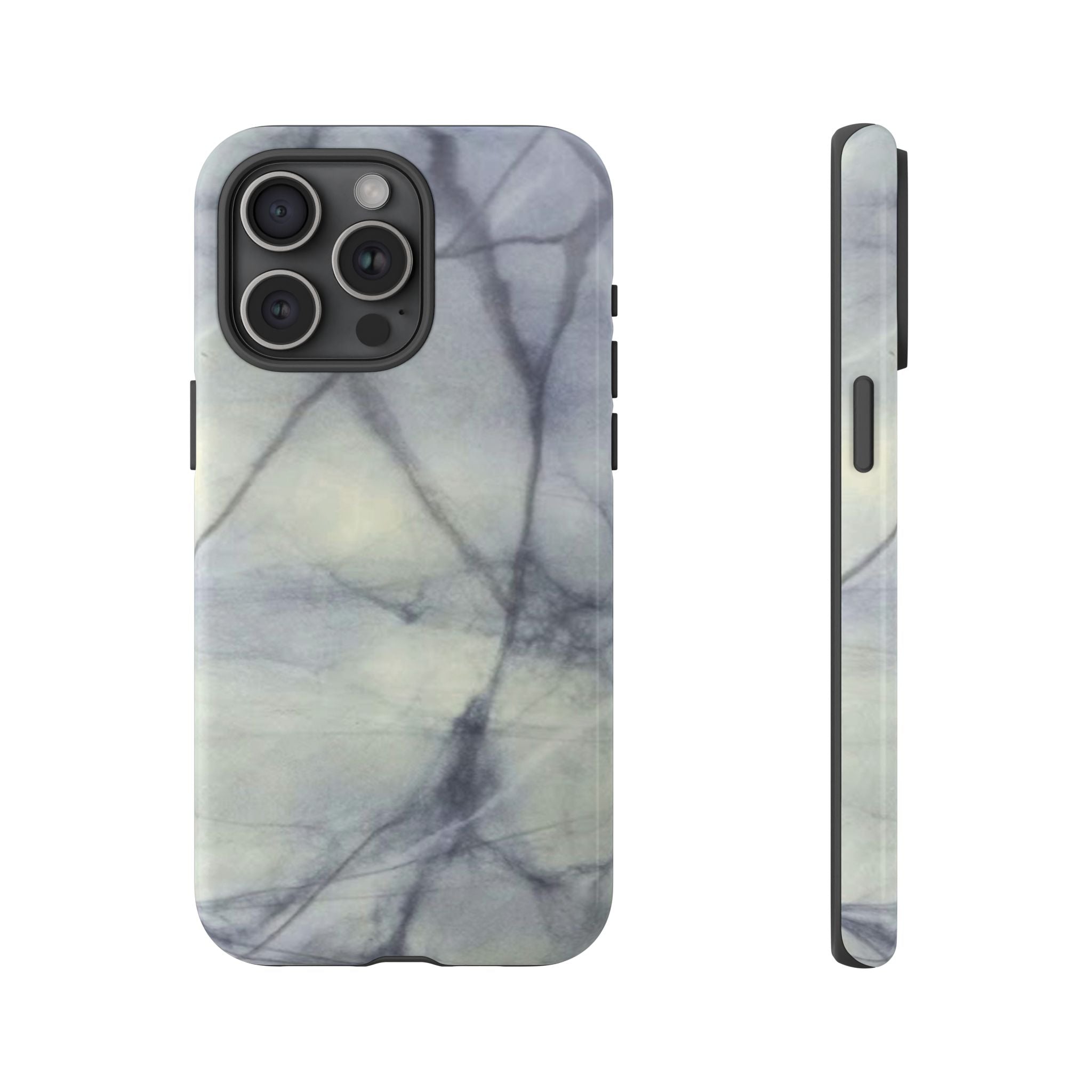 Phone case in impressive grey marble design with shock absorbing dual layer shell and UV resistance in 3D wrap