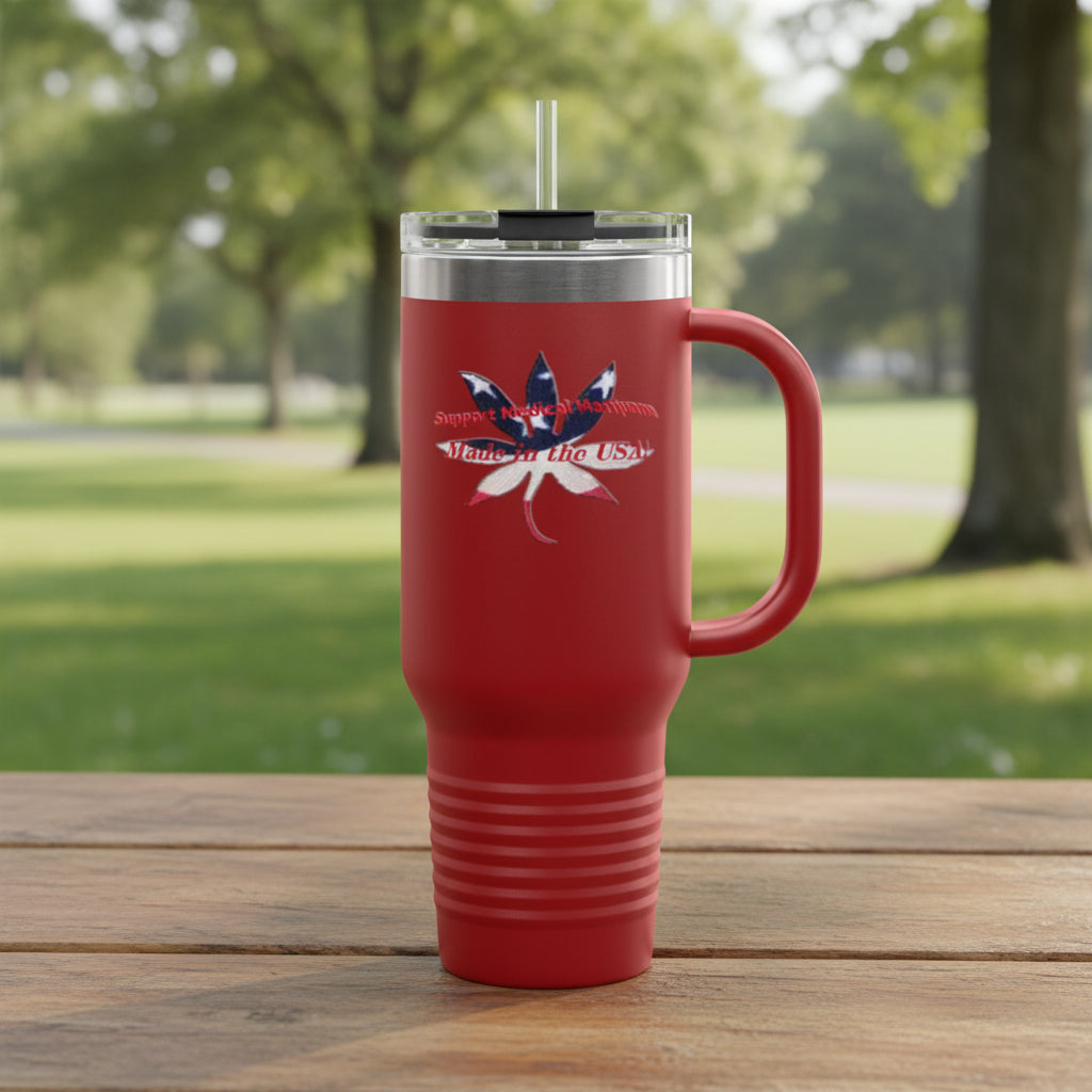 40 oz Red Stainless Steel travel mug with a red, white, blue cannabis leaf made in the USA