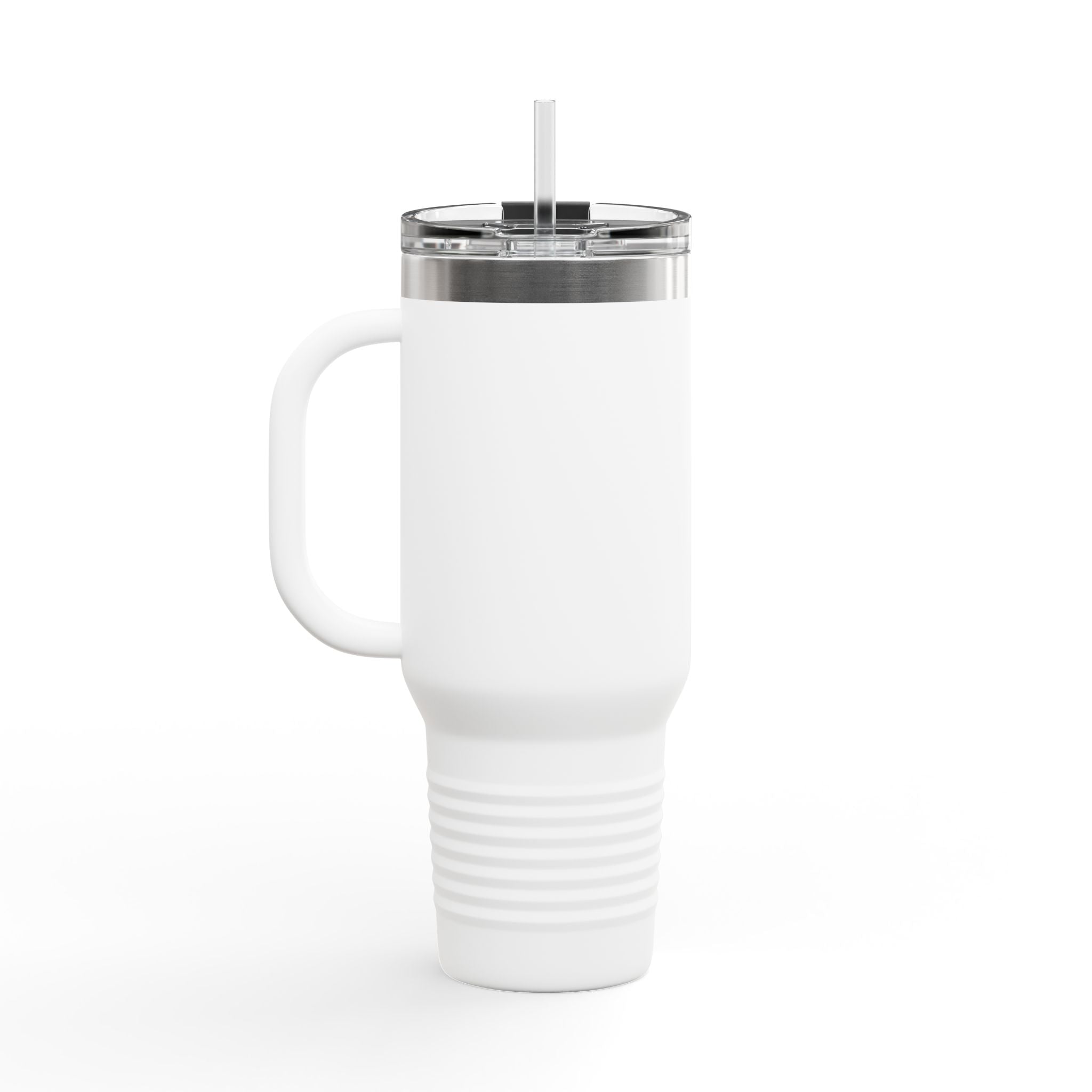 White travel mug with a silver lid and straw - 40oz.