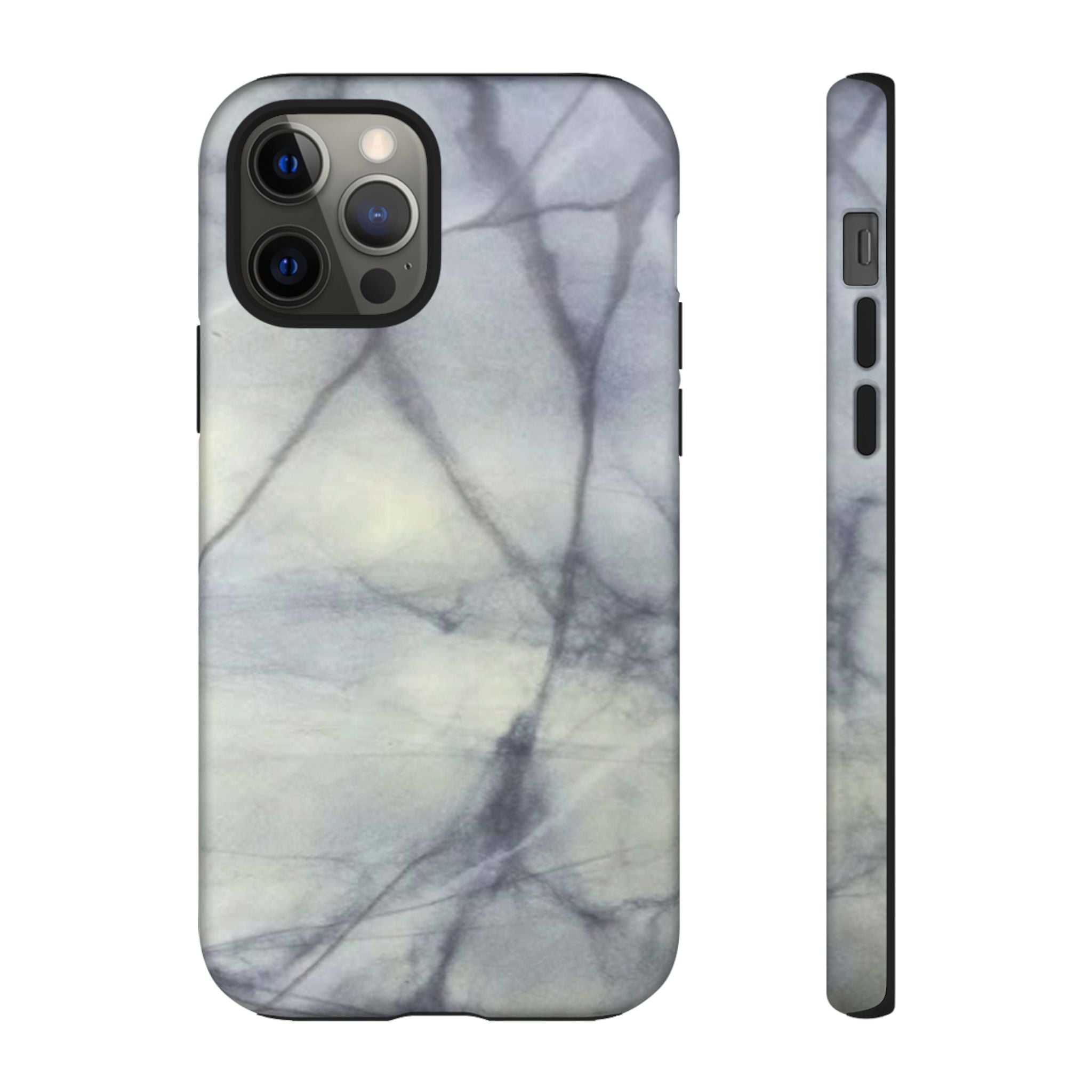 Phone case in impressive grey marble design with shock absorbing dual layer shell and UV resistance in 3D wrap