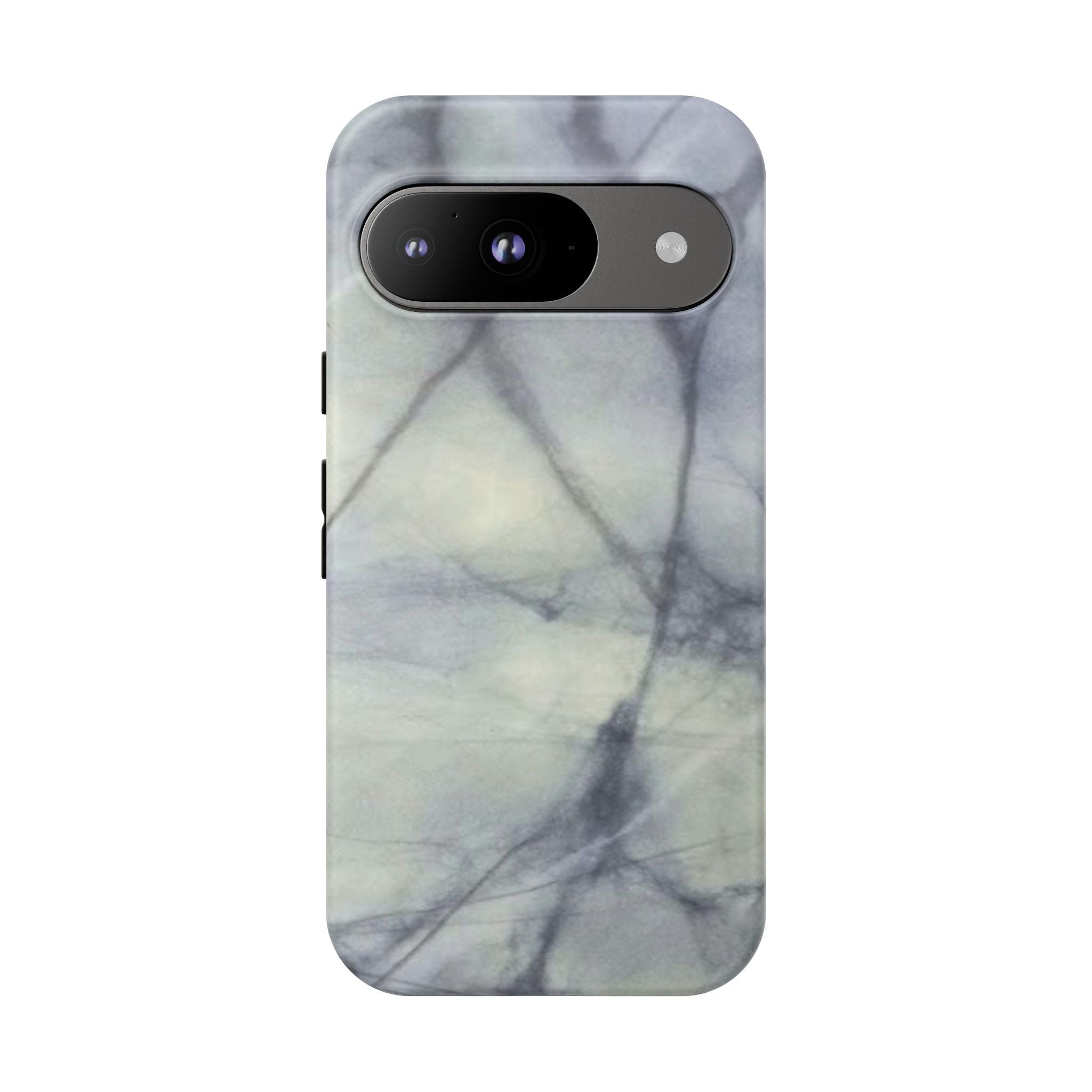 Phone case in impressive grey marble design with shock absorbing dual layer shell and UV resistance in 3D wrap