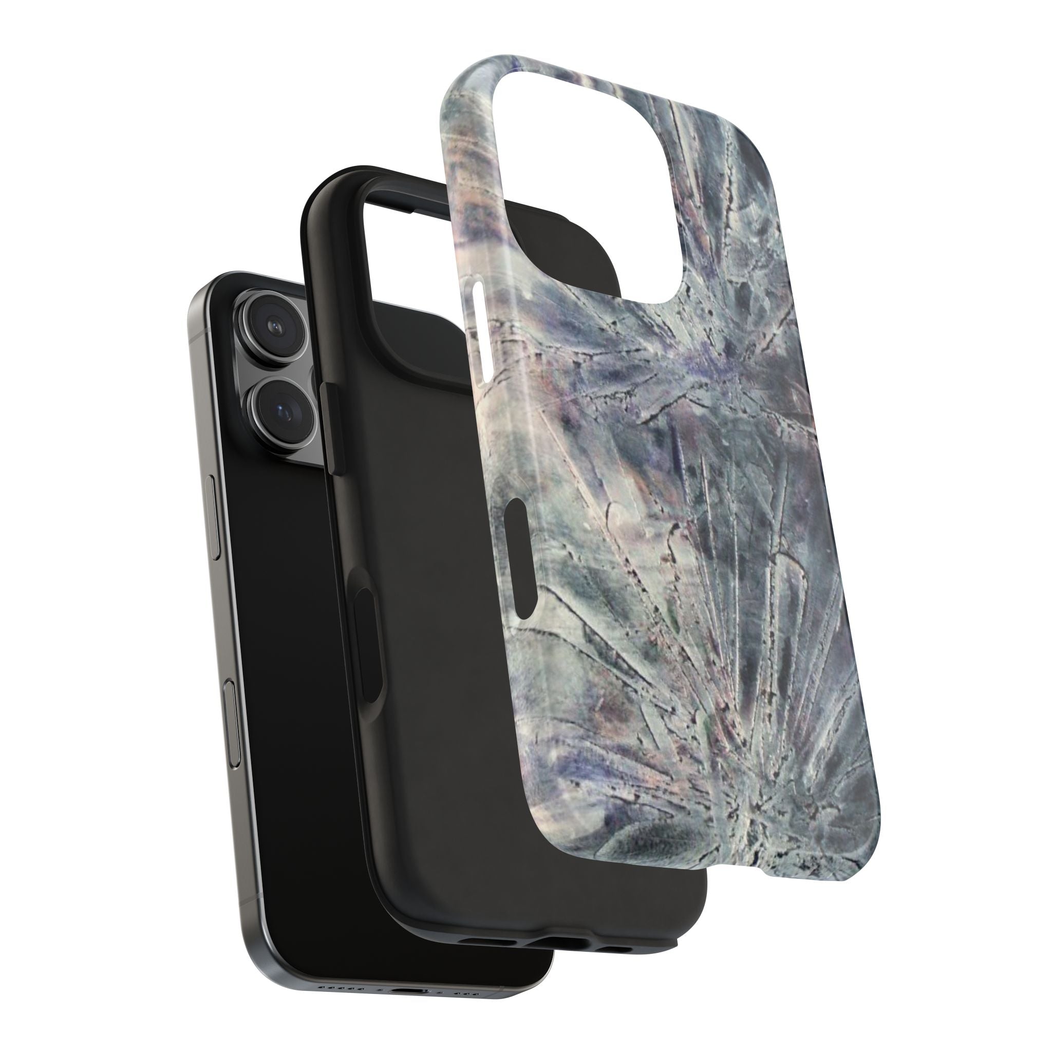 Phone case in abstract bursts of silver crystal design with rubber lining for strong impact and UV protection
