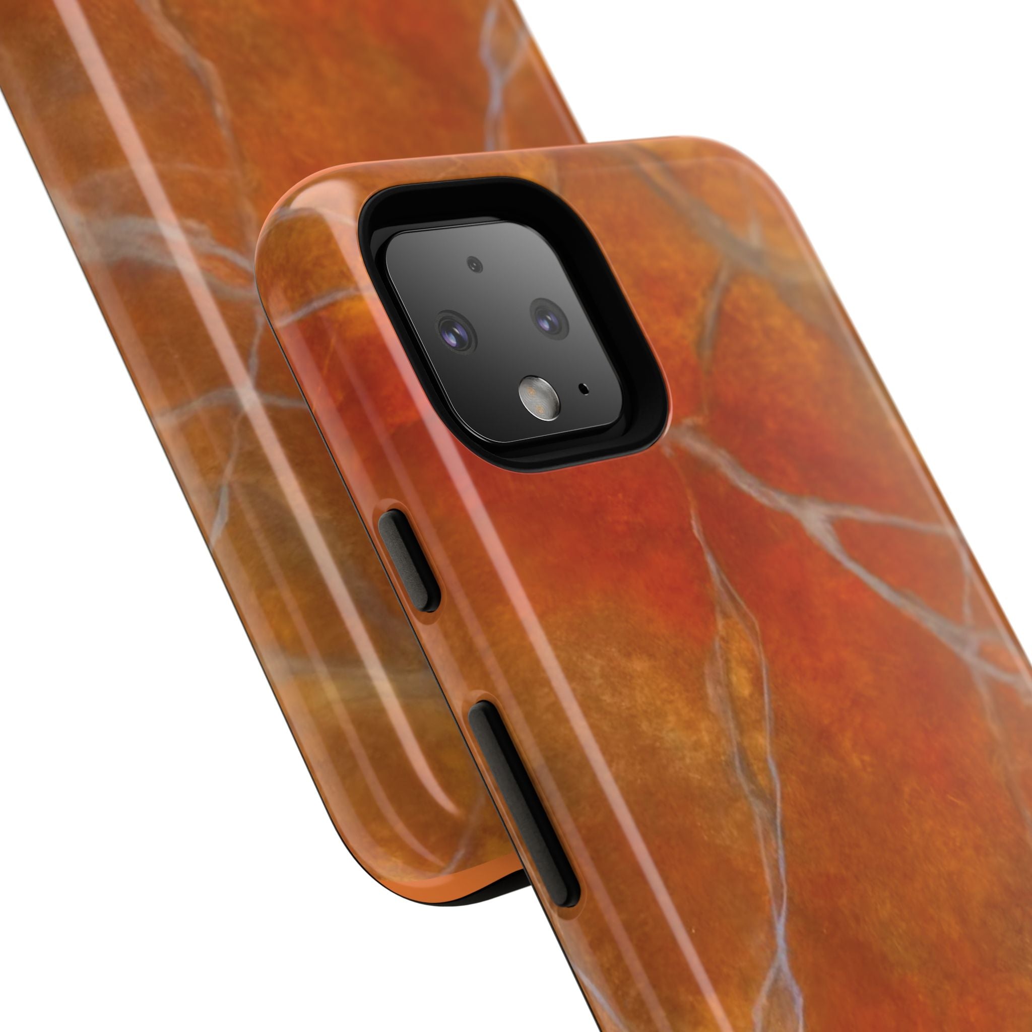 Phone case in sophisticated red orange marble design that is impact resistant tough in glossy or matte finish