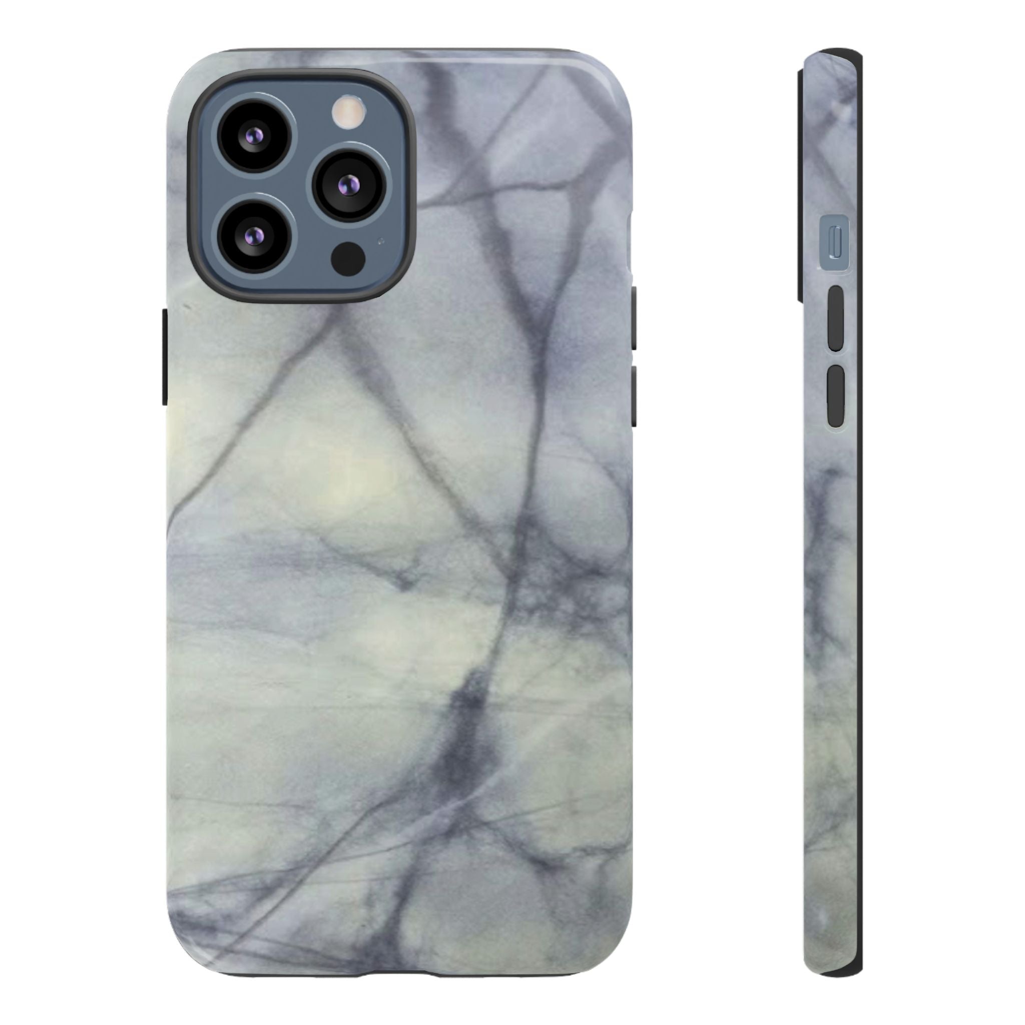 Phone case in impressive grey marble design with shock absorbing dual layer shell and UV resistance in 3D wrap