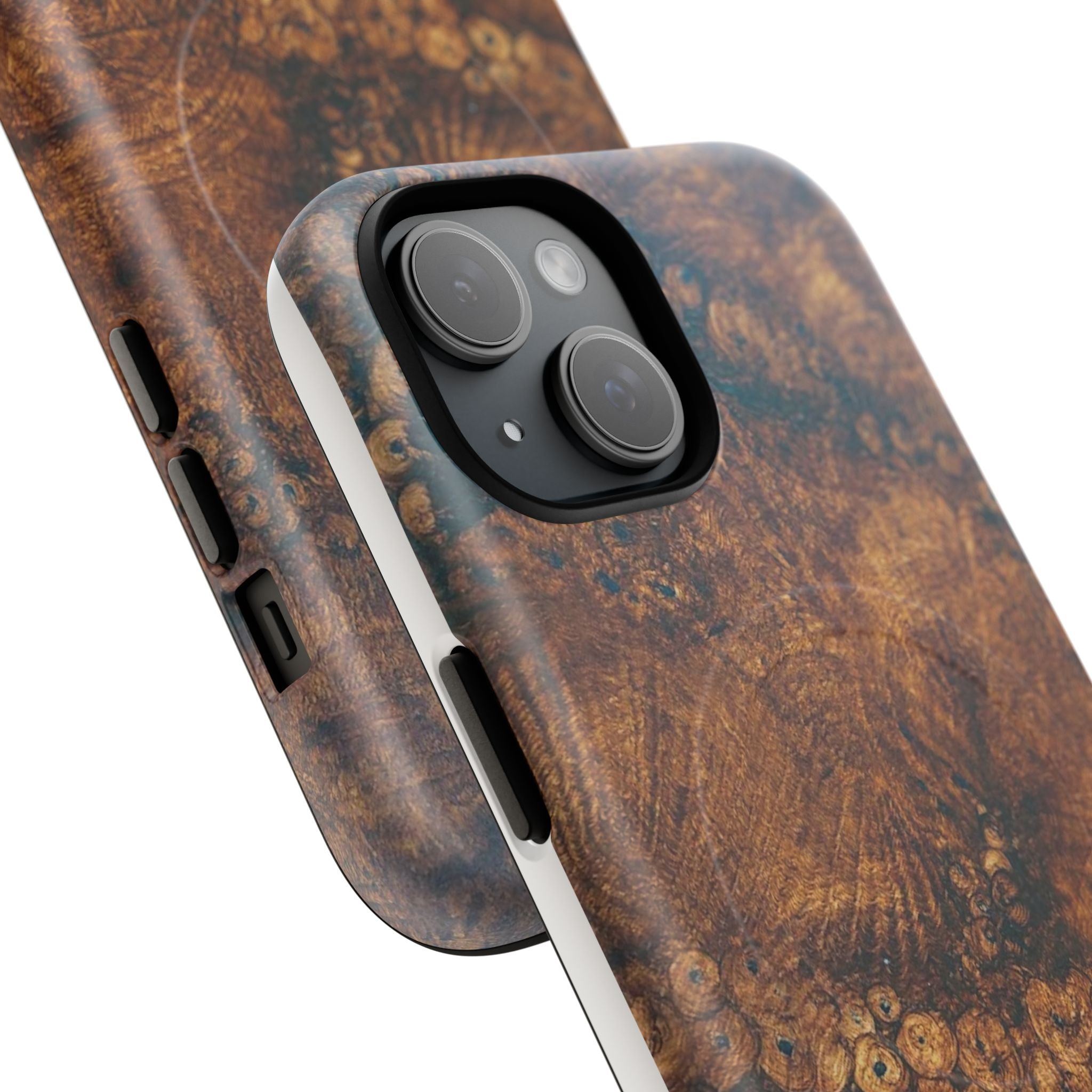 Magnetic iphone case with a natural Burl Wood Design compatible with MagSafe accessories in tough Dual Layer Shell