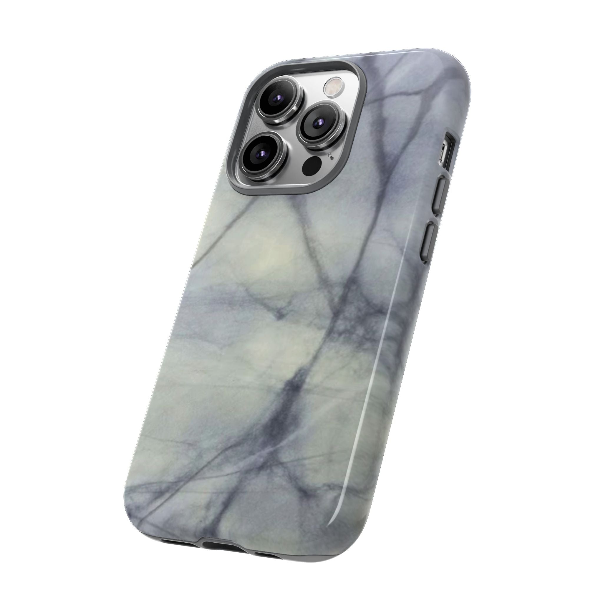 Phone case in impressive grey marble design with shock absorbing dual layer shell and UV resistance in 3D wrap