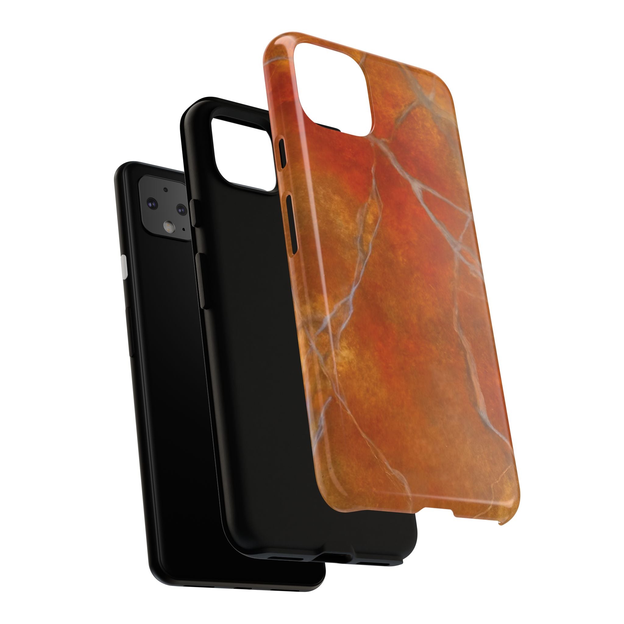 Phone case in sophisticated red orange marble design that is impact resistant tough in glossy or matte finish