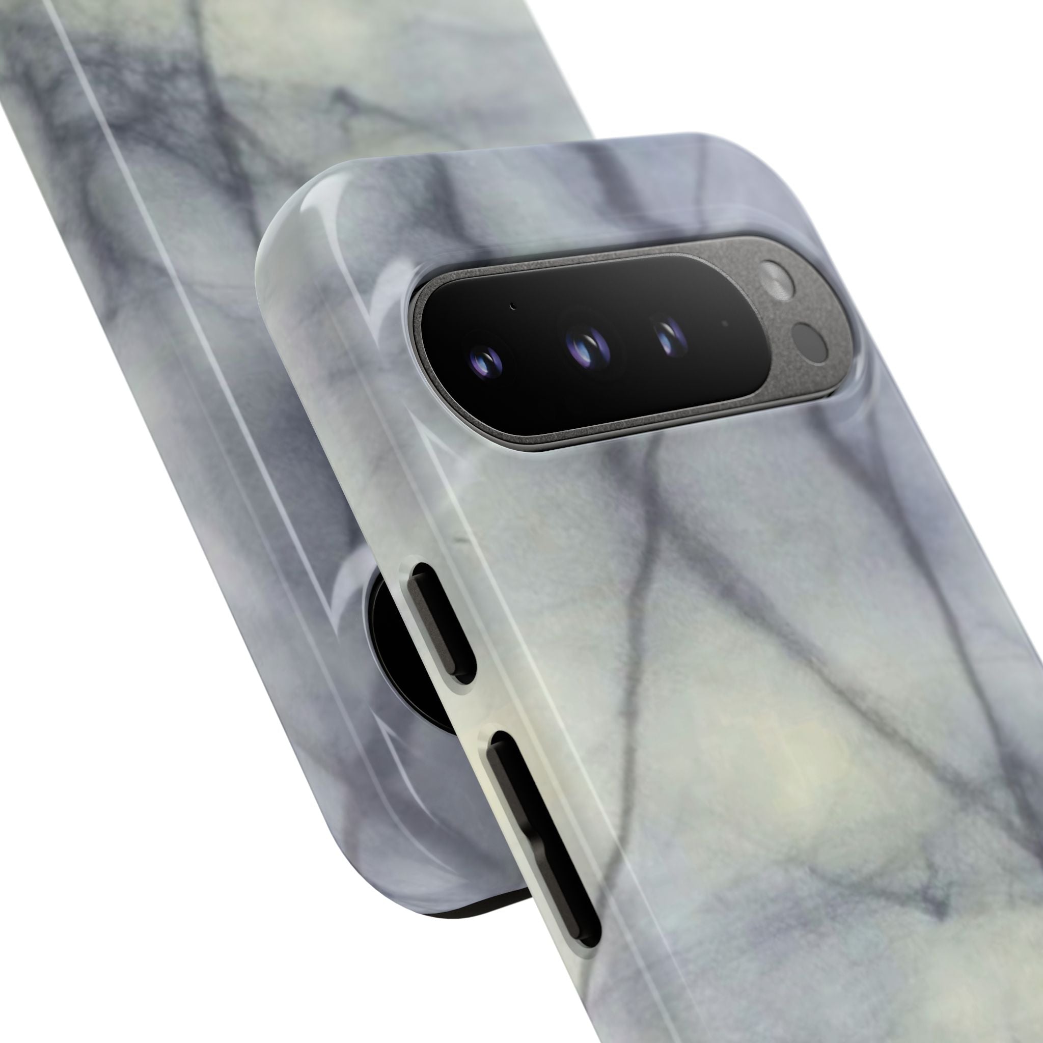 Phone case in impressive grey marble design with shock absorbing dual layer shell and UV resistance in 3D wrap