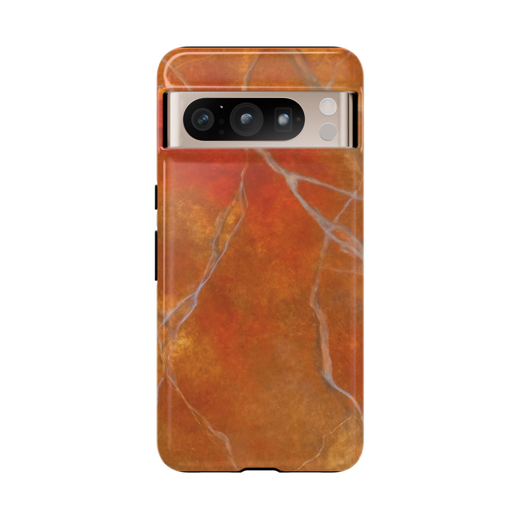 Phone case in sophisticated red orange marble design that is impact resistant tough in glossy or matte finish